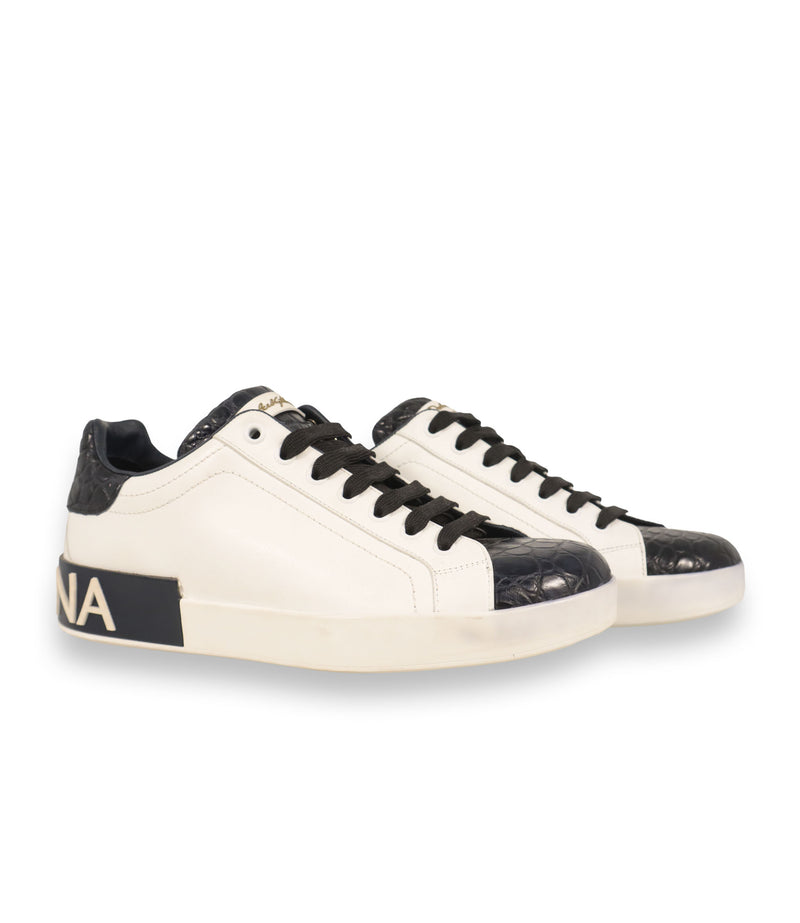 Dolce & Gabbana Sneaker Größe 39 in Weiß und Schwarz mit Kroko-Prägung aus Leder und Logo-Sohle.