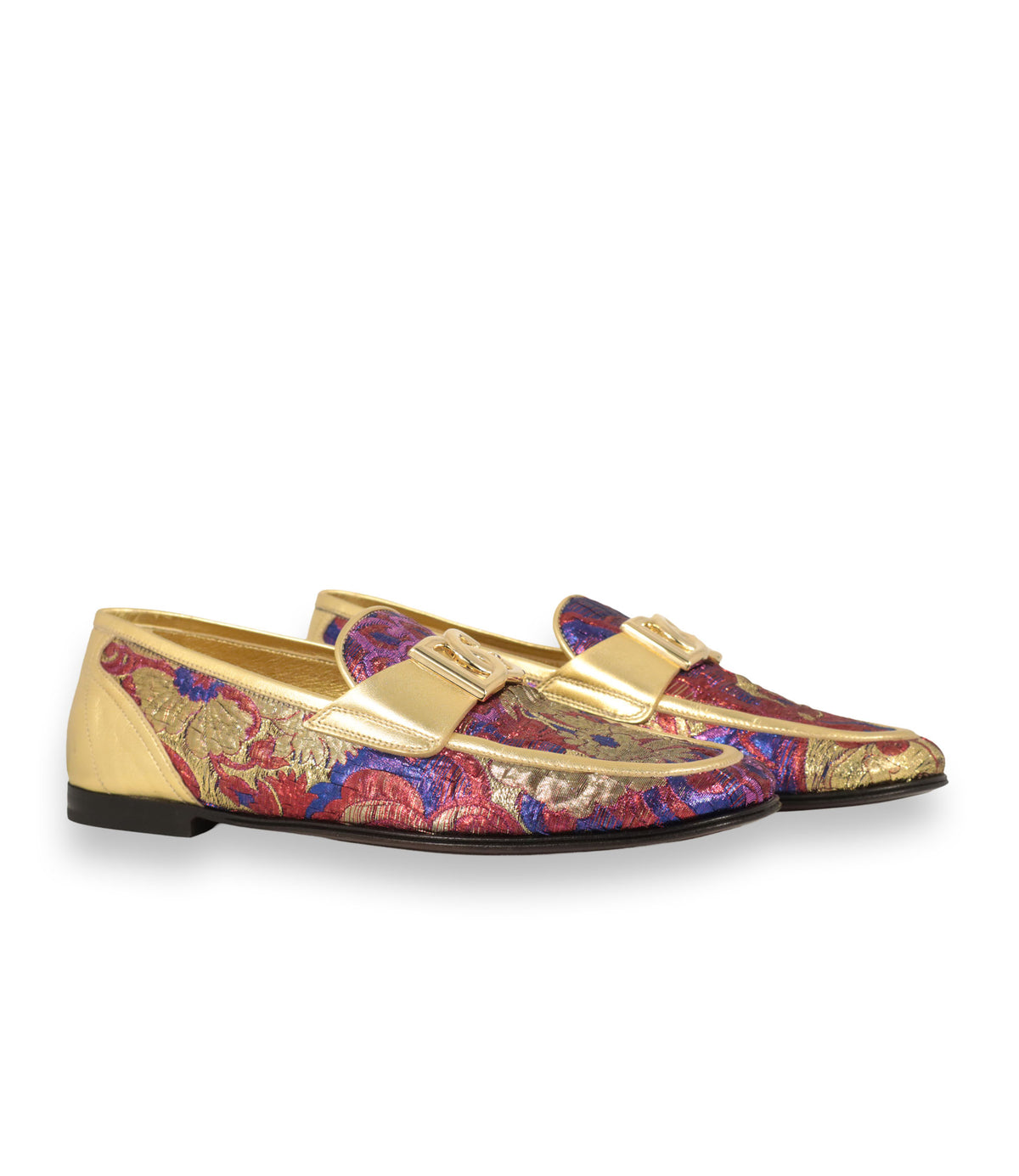 Dolce & Gabbana Loafer Größe 42 aus goldenem Leder mit floralem Brokatmuster und DG-Logo in Goldoptik.