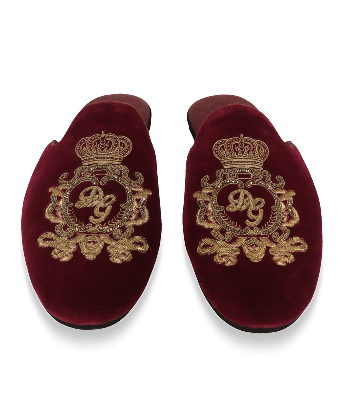 Dolce & Gabbana Pantoletten Größe 42,5 aus bordeauxrotem Samt mit goldener DG-Wappenstickerei aus Italien.