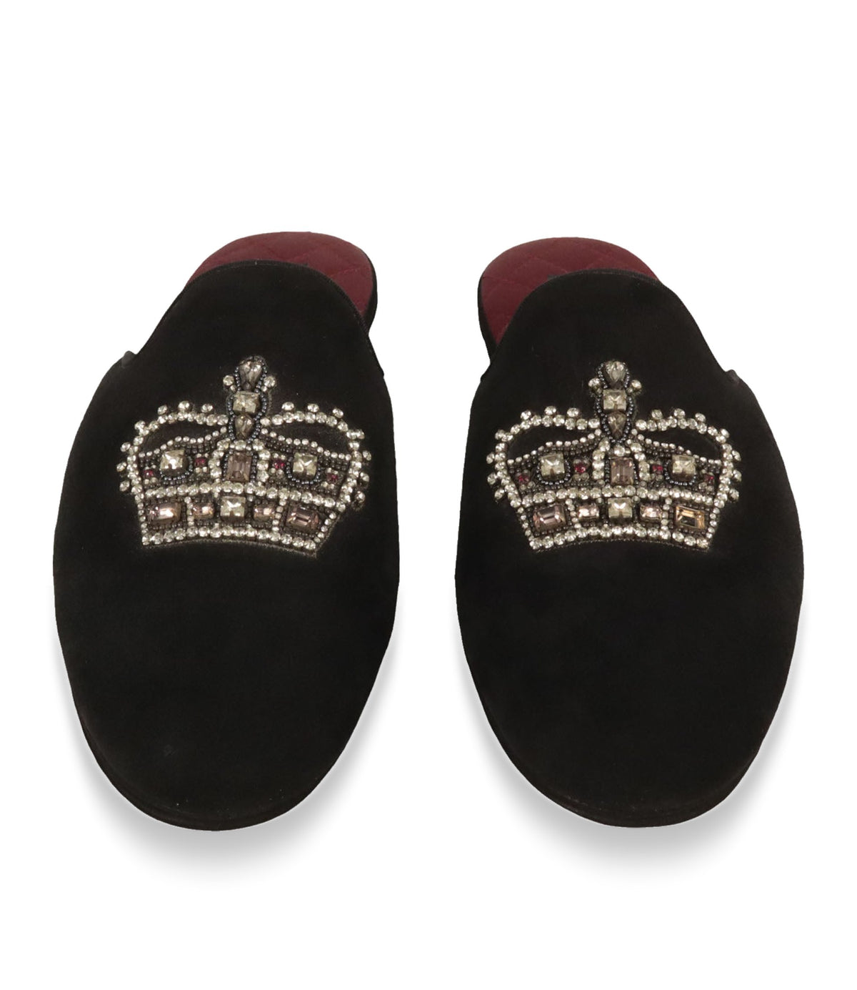 Dolce & Gabbana Pantoletten Größe 41 aus schwarzem Samt mit Kronen-Applikation und bordeauxroter Innensohle im Dolce & Gabbana Sale.