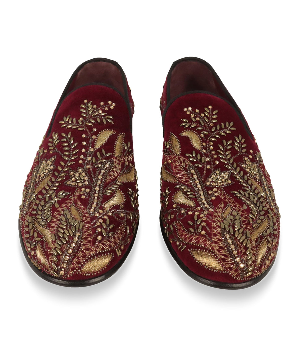 Dolce & Gabbana Loafer Größe 42 aus bordeauxrotem Samt mit goldfarbenen Stickereien und luxuriösen Verzierungen.
