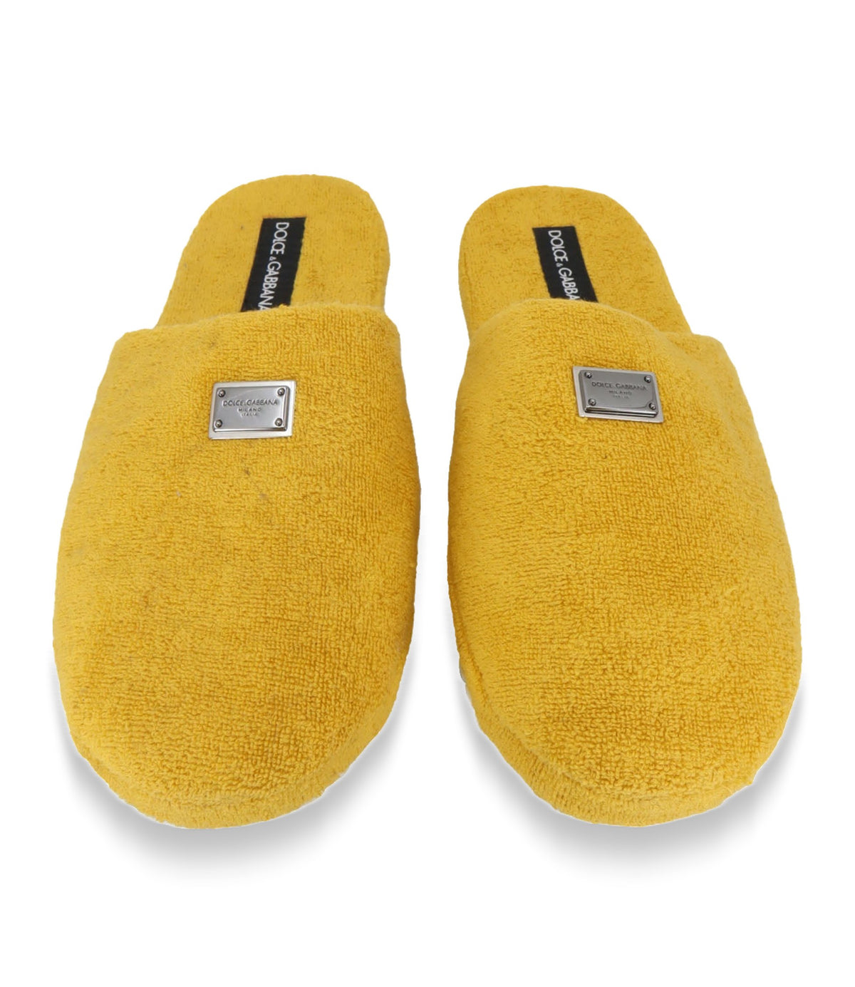 Dolce & Gabbana Pantoletten Größe 44 gelbe Designer Slipper aus Frottee mit Logo-Plakette
