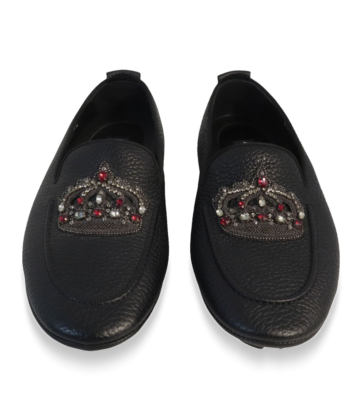 Dolce & Gabbana Loafer Größe 40,5 aus schwarzem genarbtem Leder mit Kronen-Applikation und Schmucksteinen.