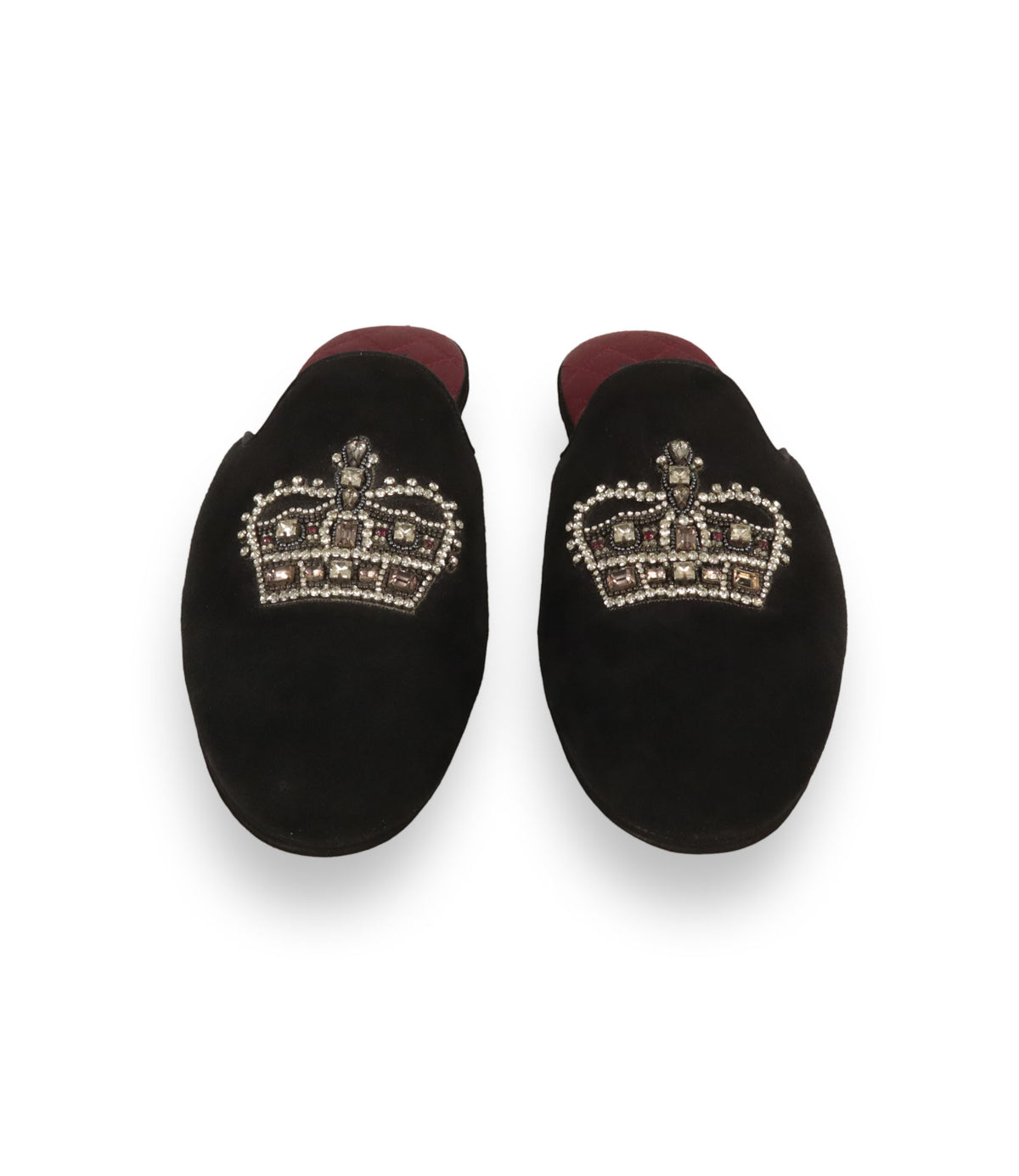 Dolce & Gabbana Pantoletten Größe 41 aus schwarzem Samt mit Kronen-Applikation und bordeauxroter Innensohle im Dolce & Gabbana Sale.