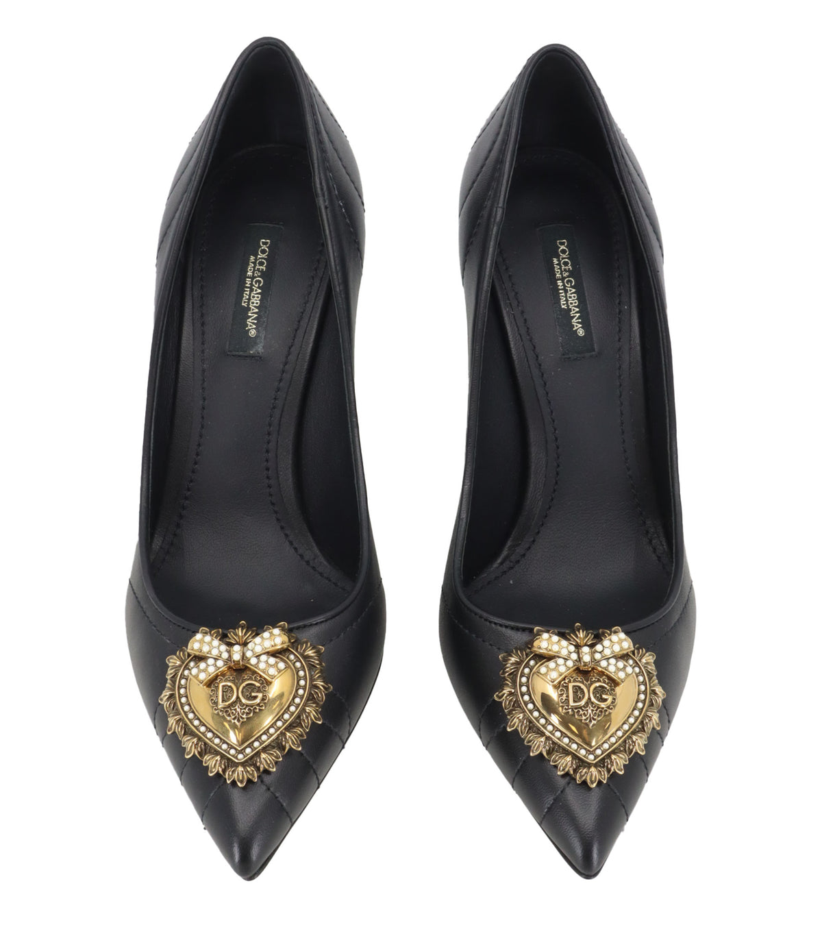 Dolce & Gabbana Pumps Größe 37 aus schwarzem Leder mit goldener Schmuckapplikation und Stiletto-Absatz.