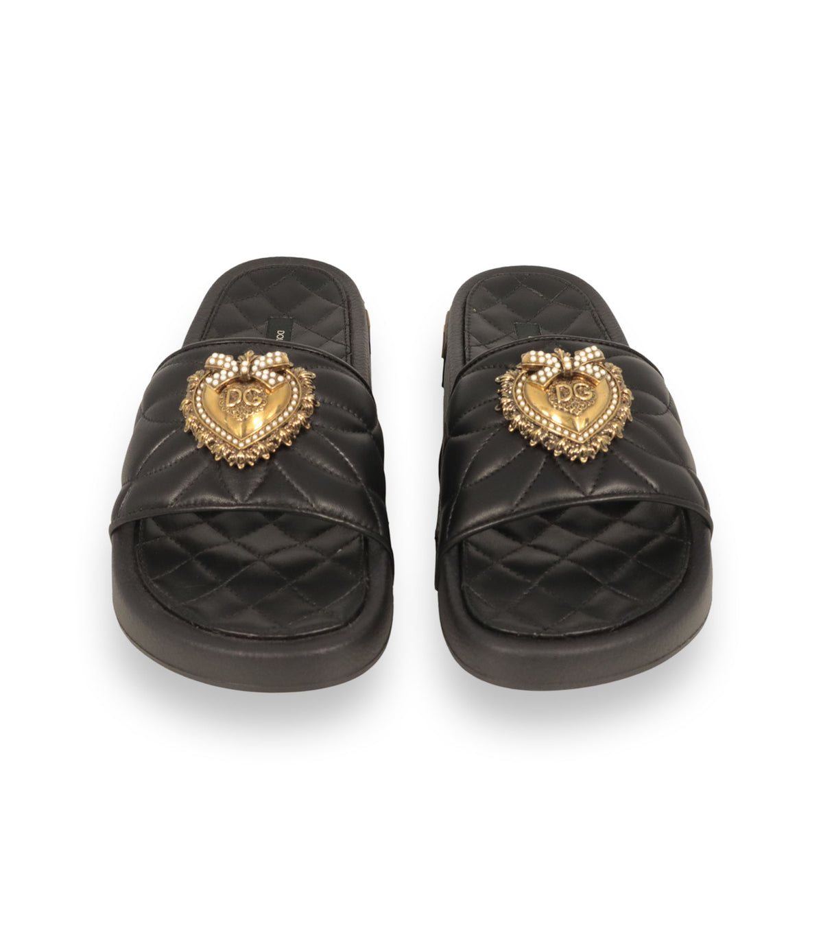 Dolce & Gabbana Sandalen schwarz Leder gesteppte Slides Gold Logo