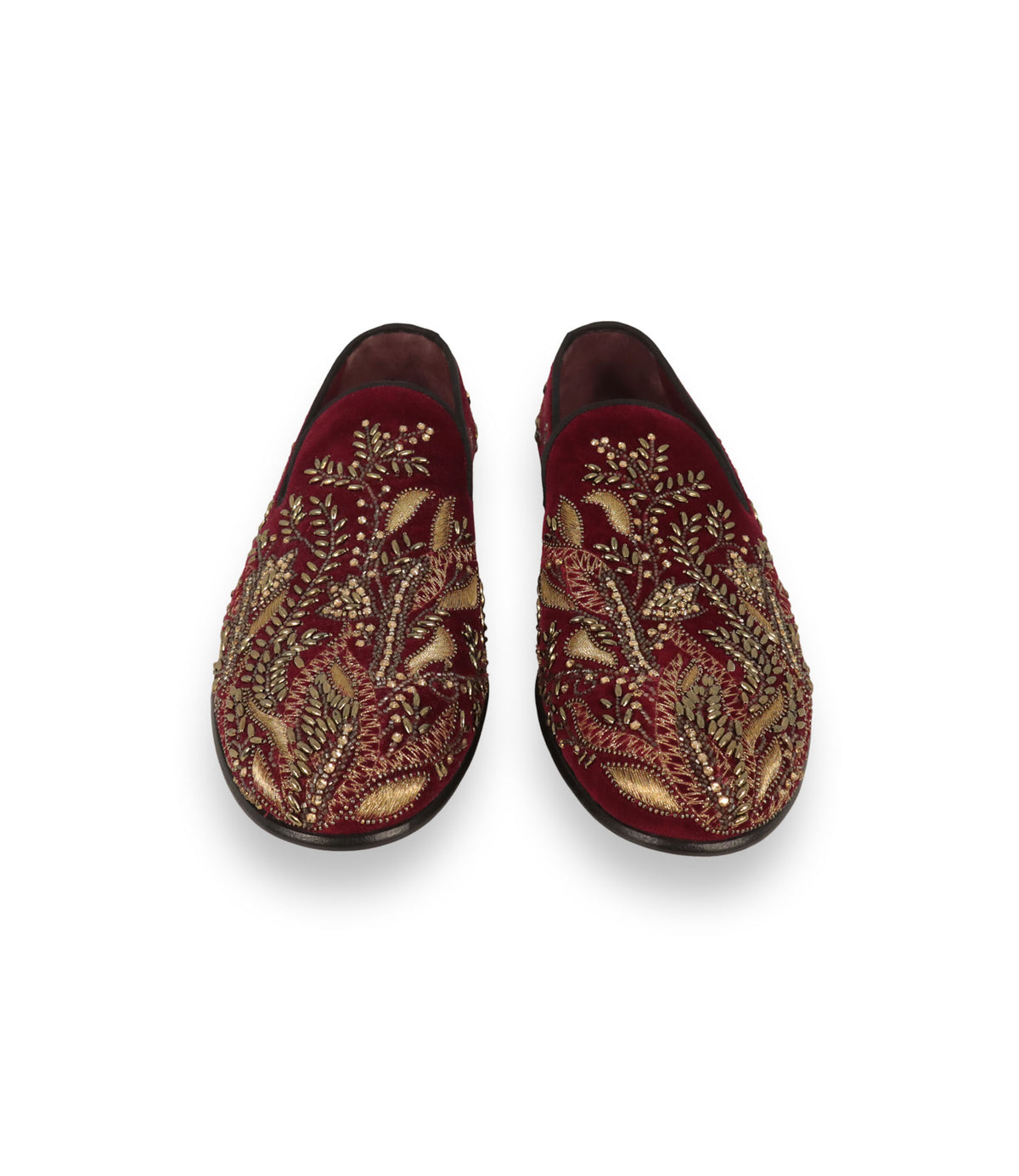 Dolce & Gabbana Loafer Größe 42 aus bordeauxrotem Samt mit goldfarbenen Stickereien und luxuriösen Verzierungen.