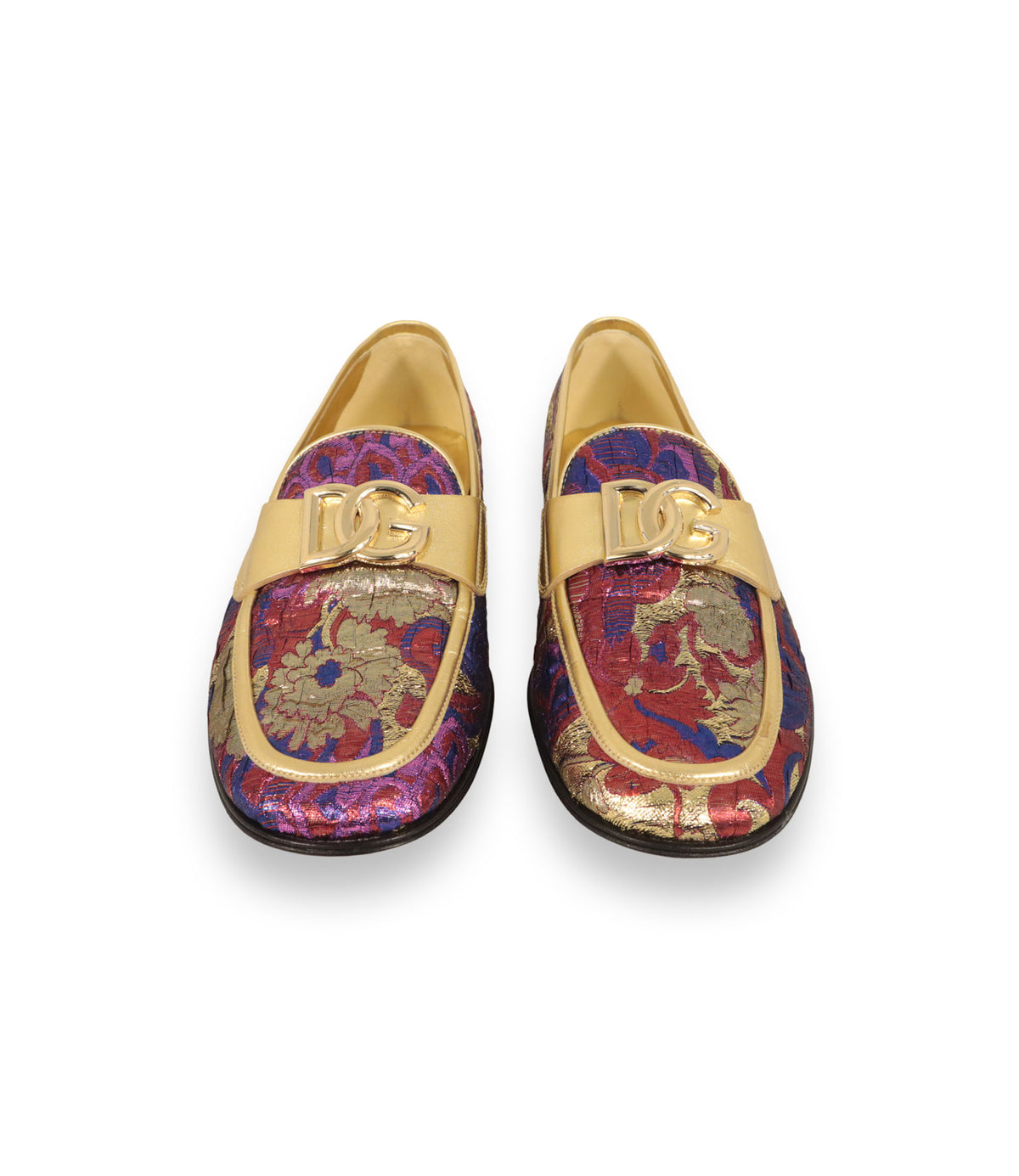 Dolce & Gabbana Loafer Größe 42 aus goldenem Leder mit floralem Brokatmuster und DG-Logo in Goldoptik.