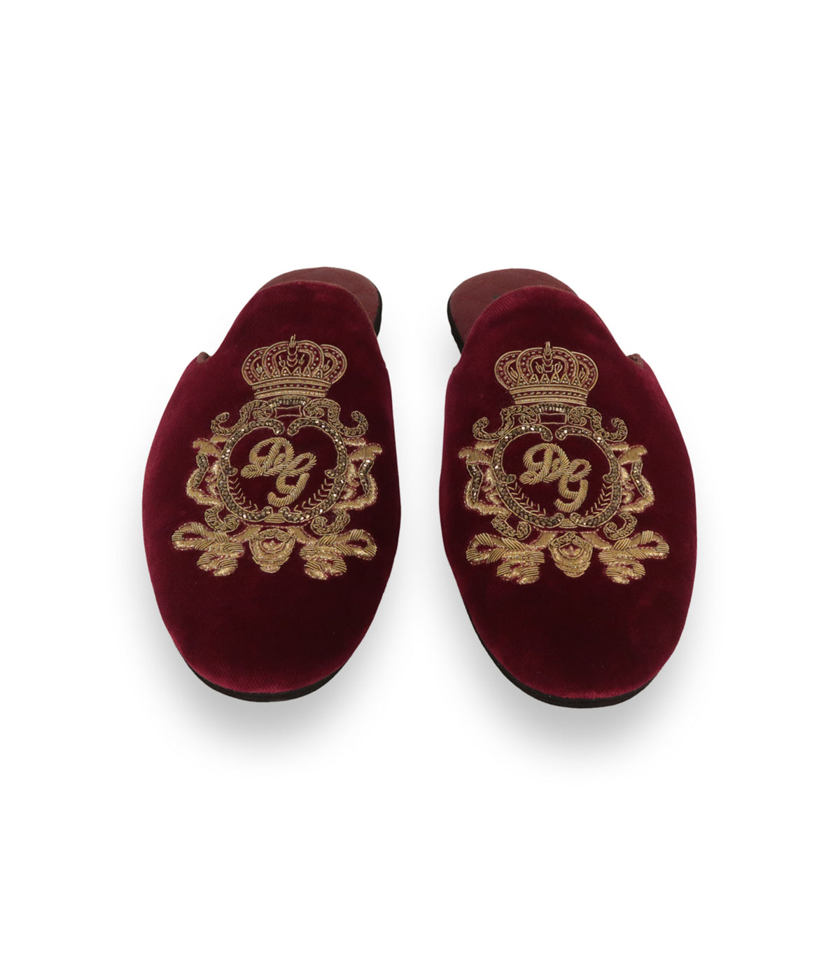Dolce & Gabbana Pantoletten Größe 42,5 aus bordeauxrotem Samt mit goldener DG-Wappenstickerei aus Italien.