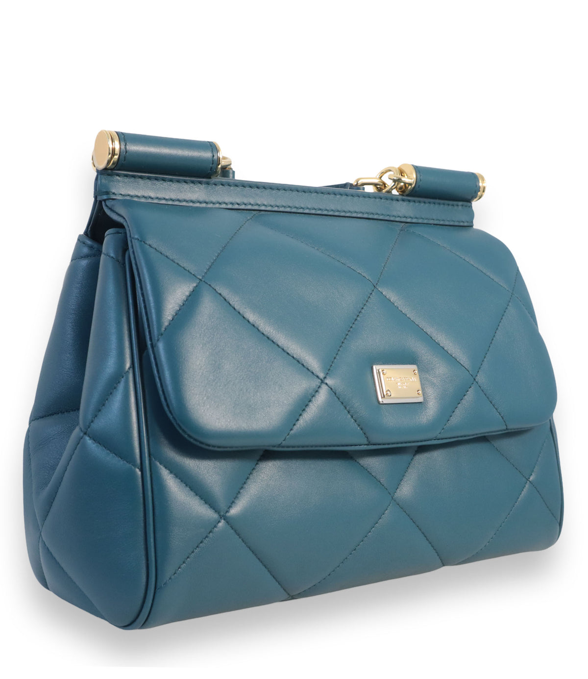 Dolce & Gabbana Sicily Handtasche Petrol aus gestepptem Leder mit goldfarbenen Details und abnehmbarem Schulterriemen.