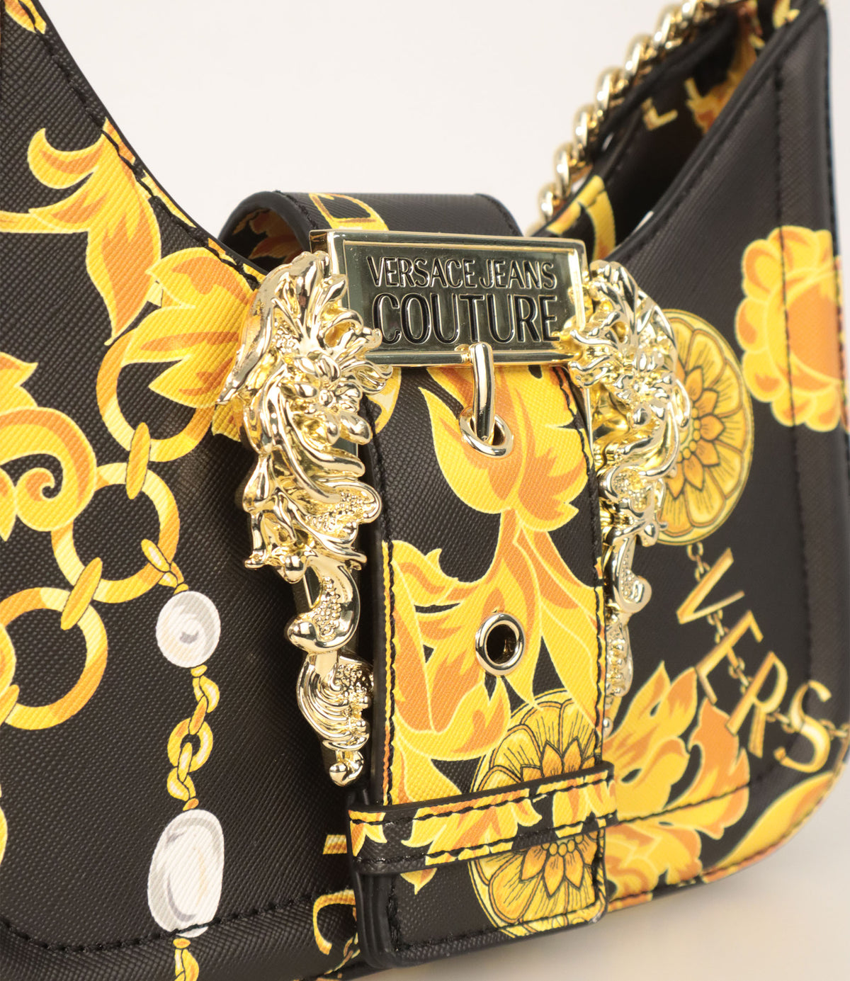 Versace Jeans Couture Handtasche Schwarz Gold mit Barock Print und goldener Kette