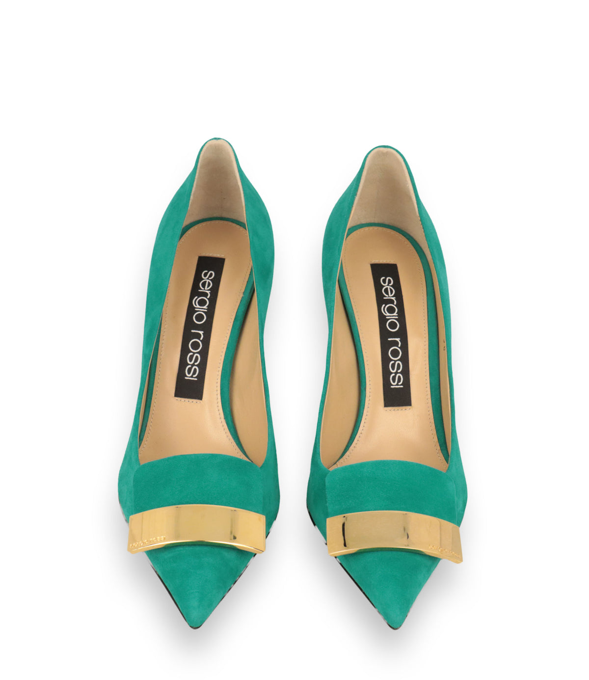 Sergio Rossi Pumps Größe 38 aus türkisgrünem Veloursleder mit goldenem Detail