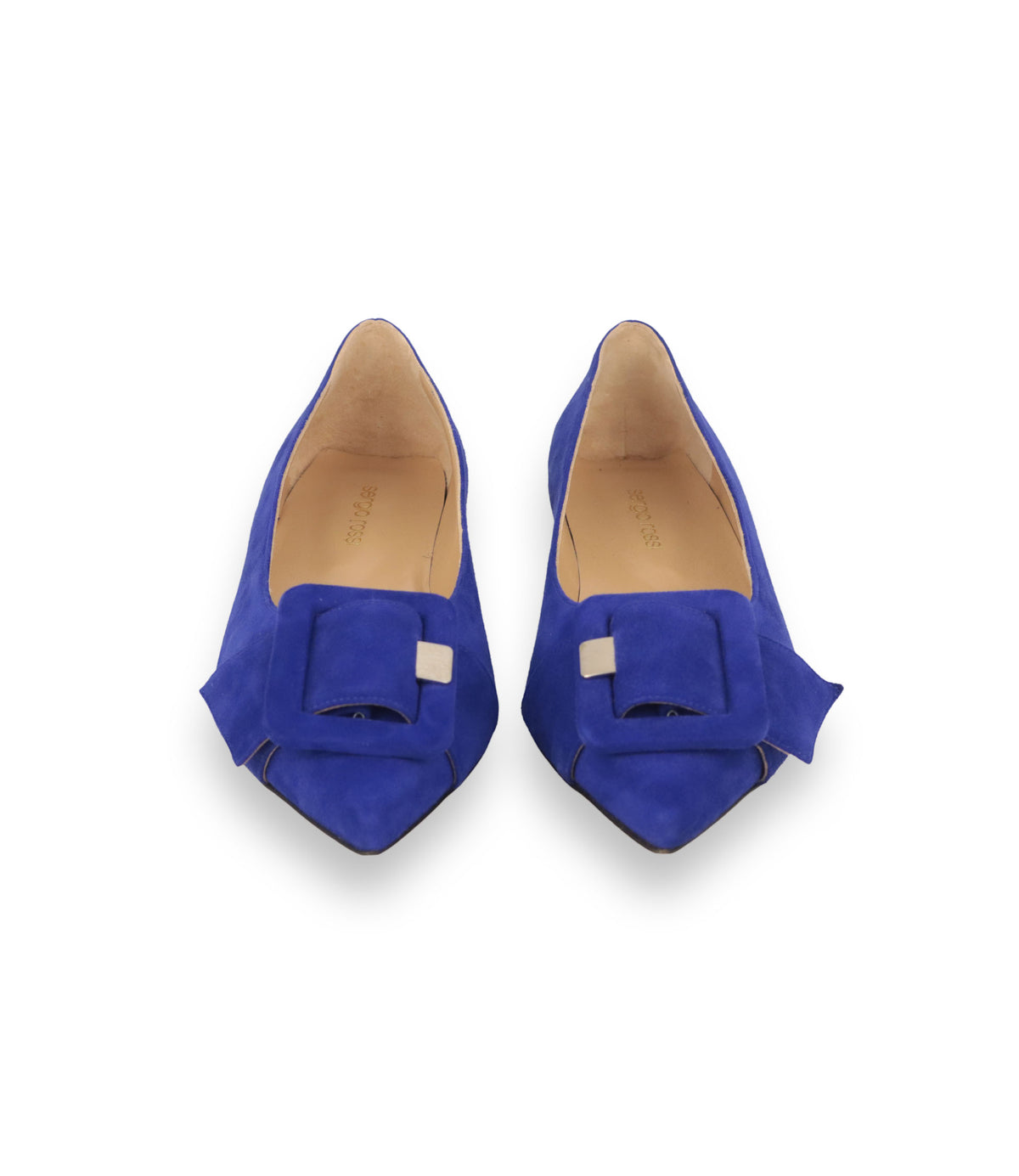 Sergio Rossi Ballerinas aus royalblauem Veloursleder mit spitzer Form und dekorativer Schließe Größe 39