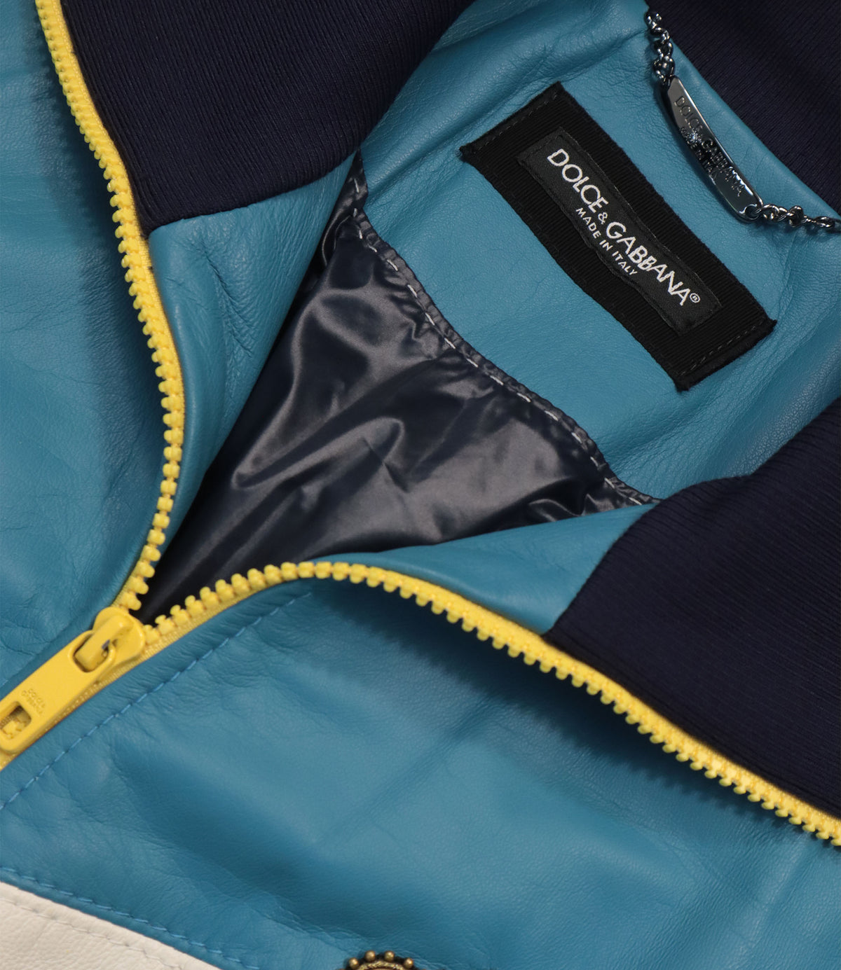 Dolce & Gabbana Lederblouson aus Lammleder in Gelb Blau Weiß Größe 46
