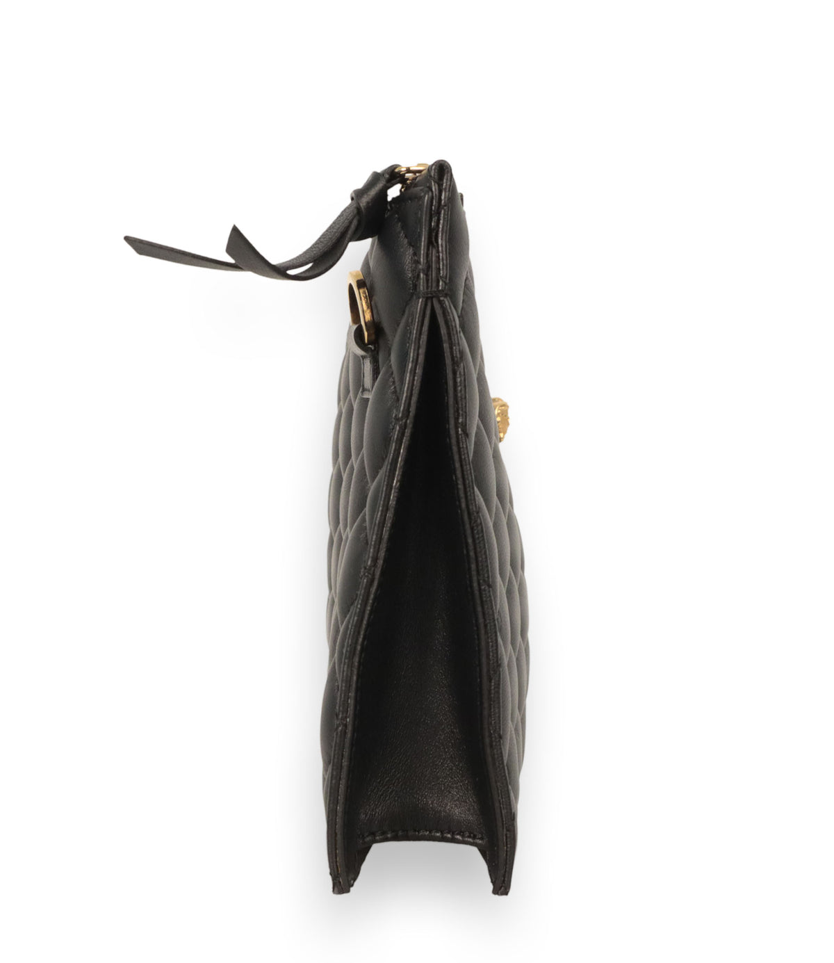 Versace Pochette aus gestepptem schwarzem Leder mit goldener Medusa-Applikation