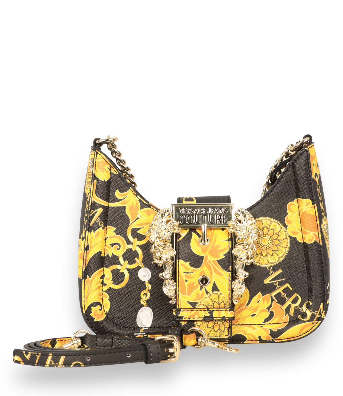 Versace Jeans Couture Handtasche Schwarz Gold mit Barock Print und goldener Kette