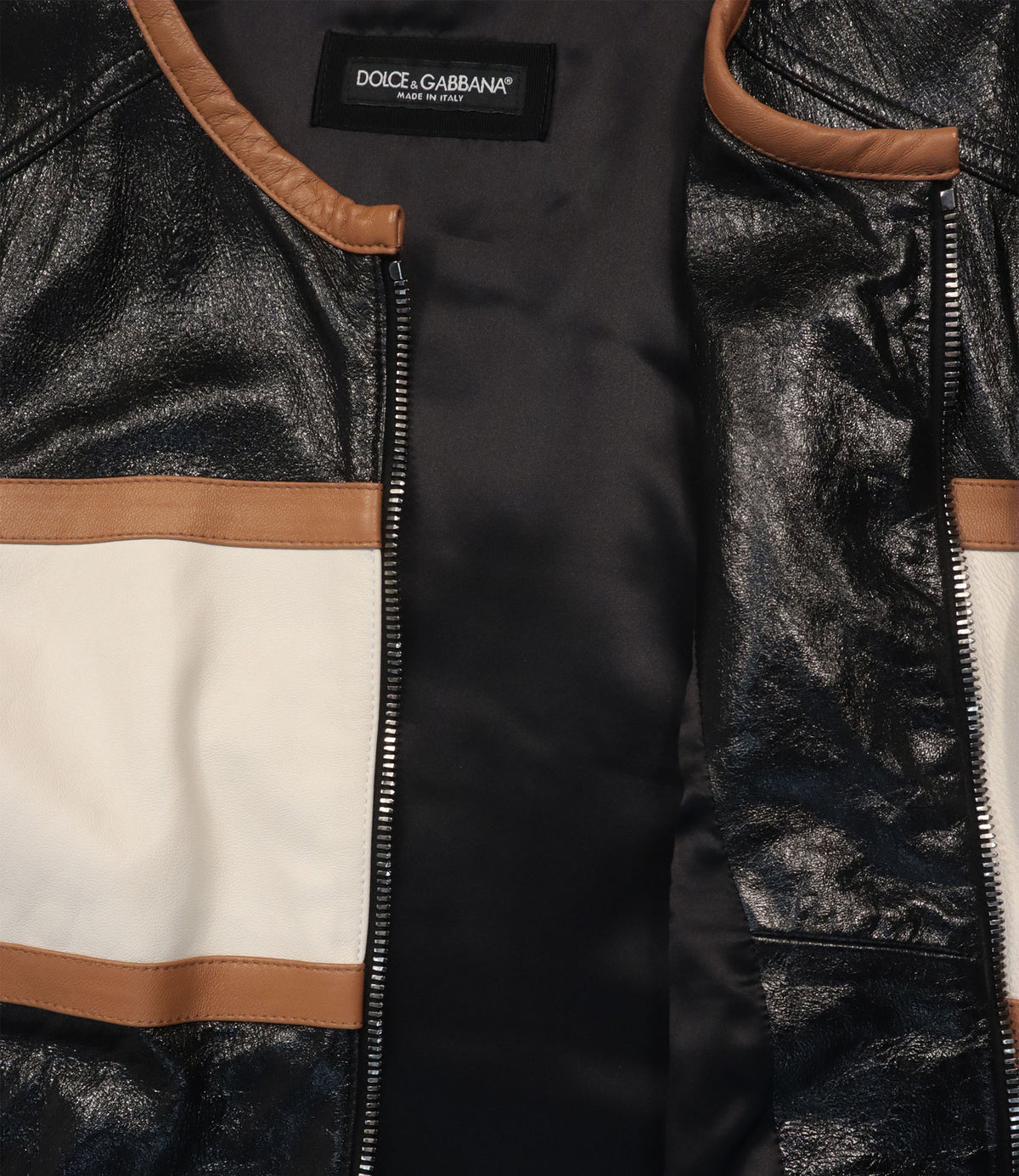 Dolce & Gabbana Lederjacke aus schwarzem Lammleder mit Color-Blocking in Cremeweiß und Cognacbraun Größe IT 48