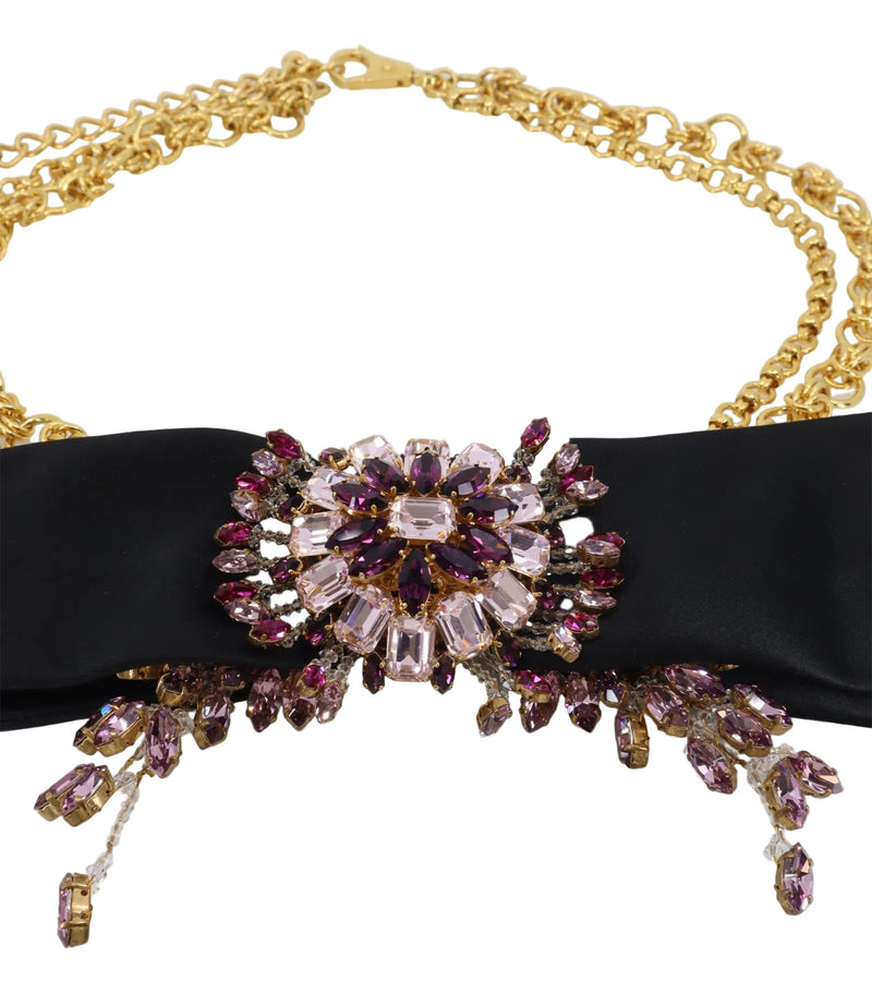Dolce & Gabbana Gürtel Schwarz mit Schleife und Kristallbrosche in Rosé und Violett