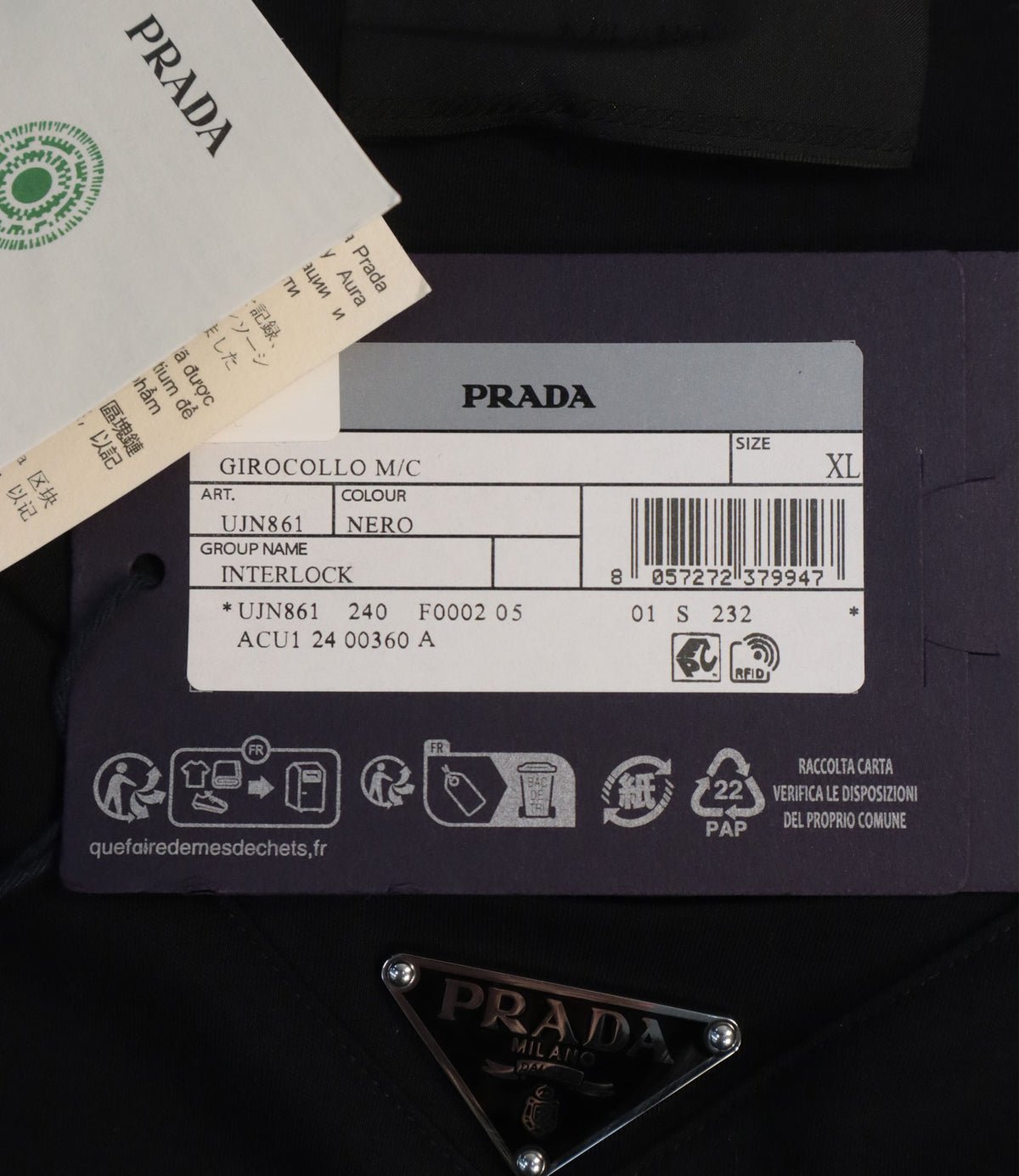 Prada Herren T-Shirt Schwarz XL mit Triangle Logo aus Interlock-Gewebe