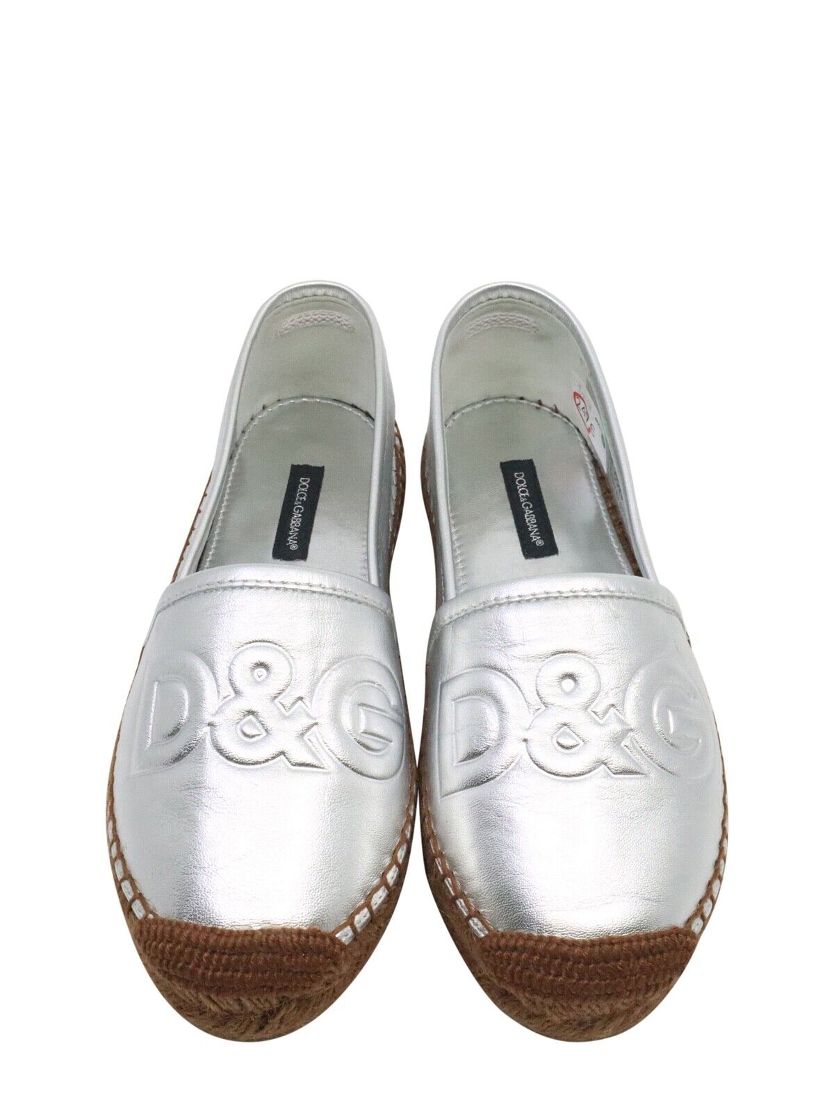 Dolce & Gabbana Espadrilles Größe 35 aus silberfarbenem Leder mit Bastsohle und geprägtem Logo