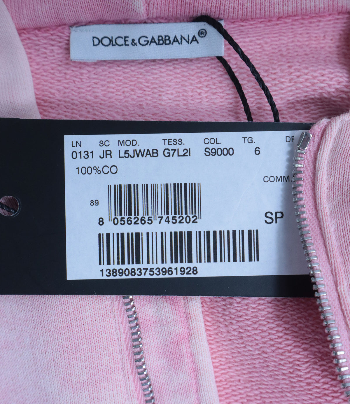 Dolce & Gabbana Hoodie Kinder Rosa Größe 6 Jahre mit Kapuze und Reißverschluss