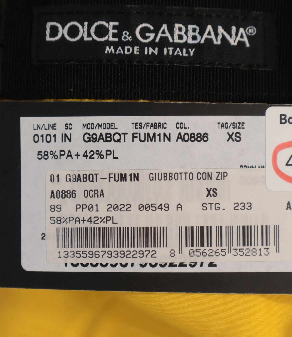 Dolce & Gabbana Windbreaker Jacke Gelb Größe XS aus Italien