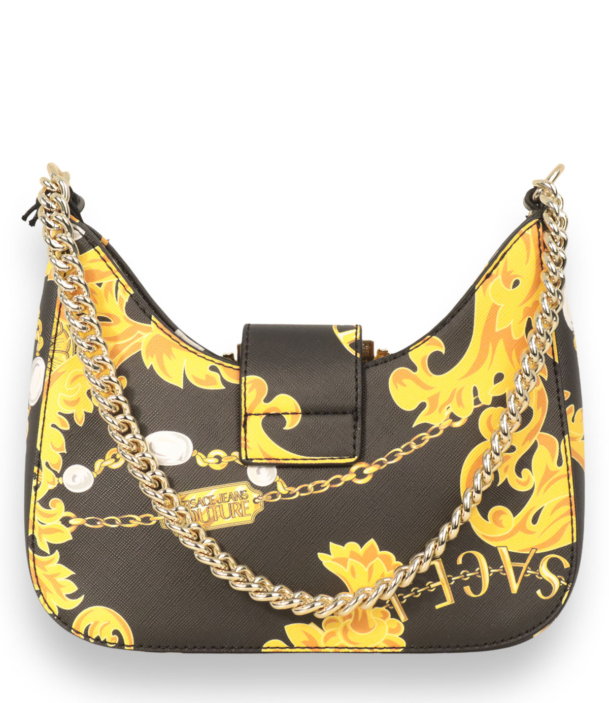 Versace Jeans Couture Handtasche Schwarz Gold mit Barock Print und goldener Kette