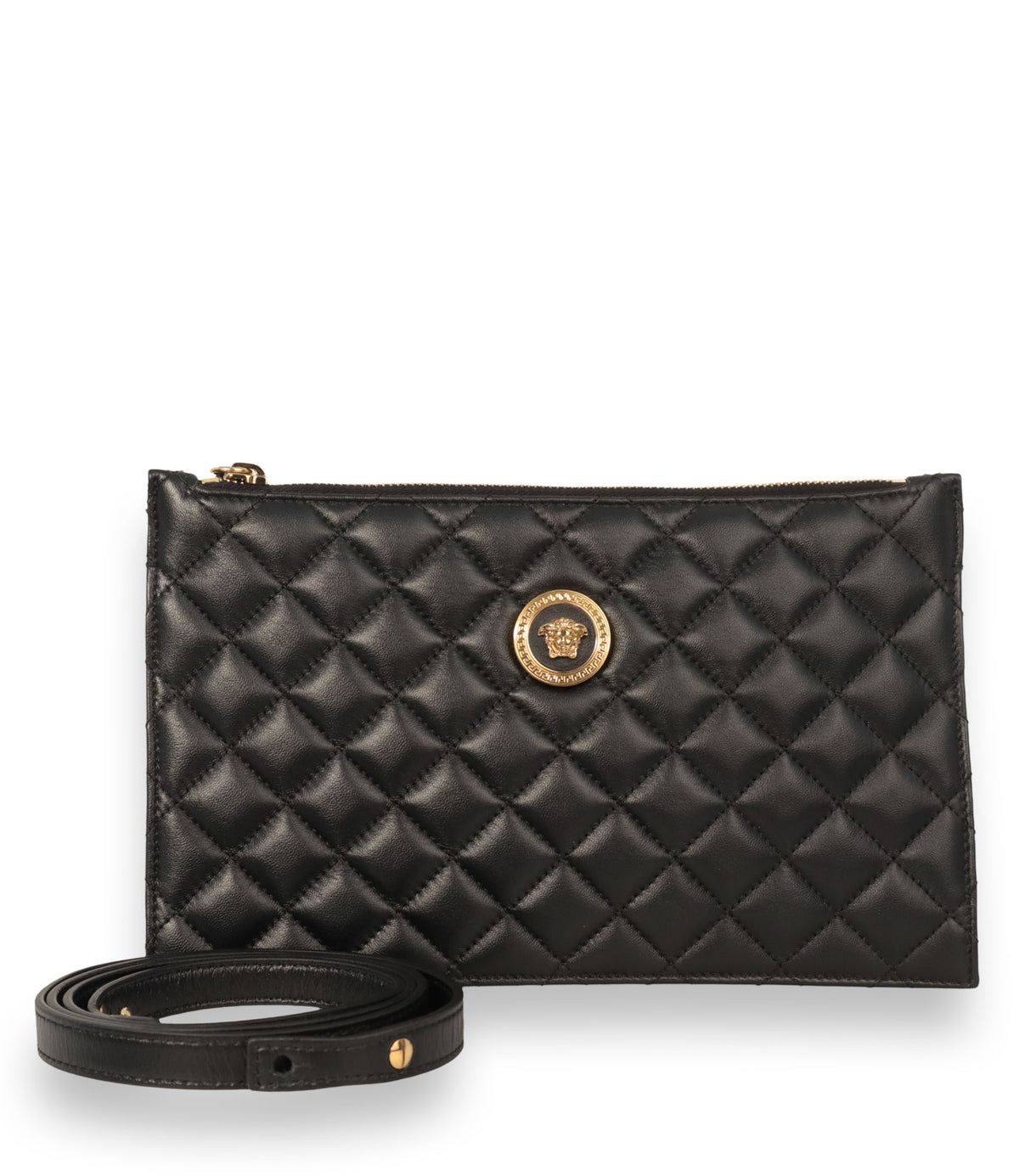 Versace Pochette aus gestepptem schwarzem Leder mit goldener Medusa-Applikation