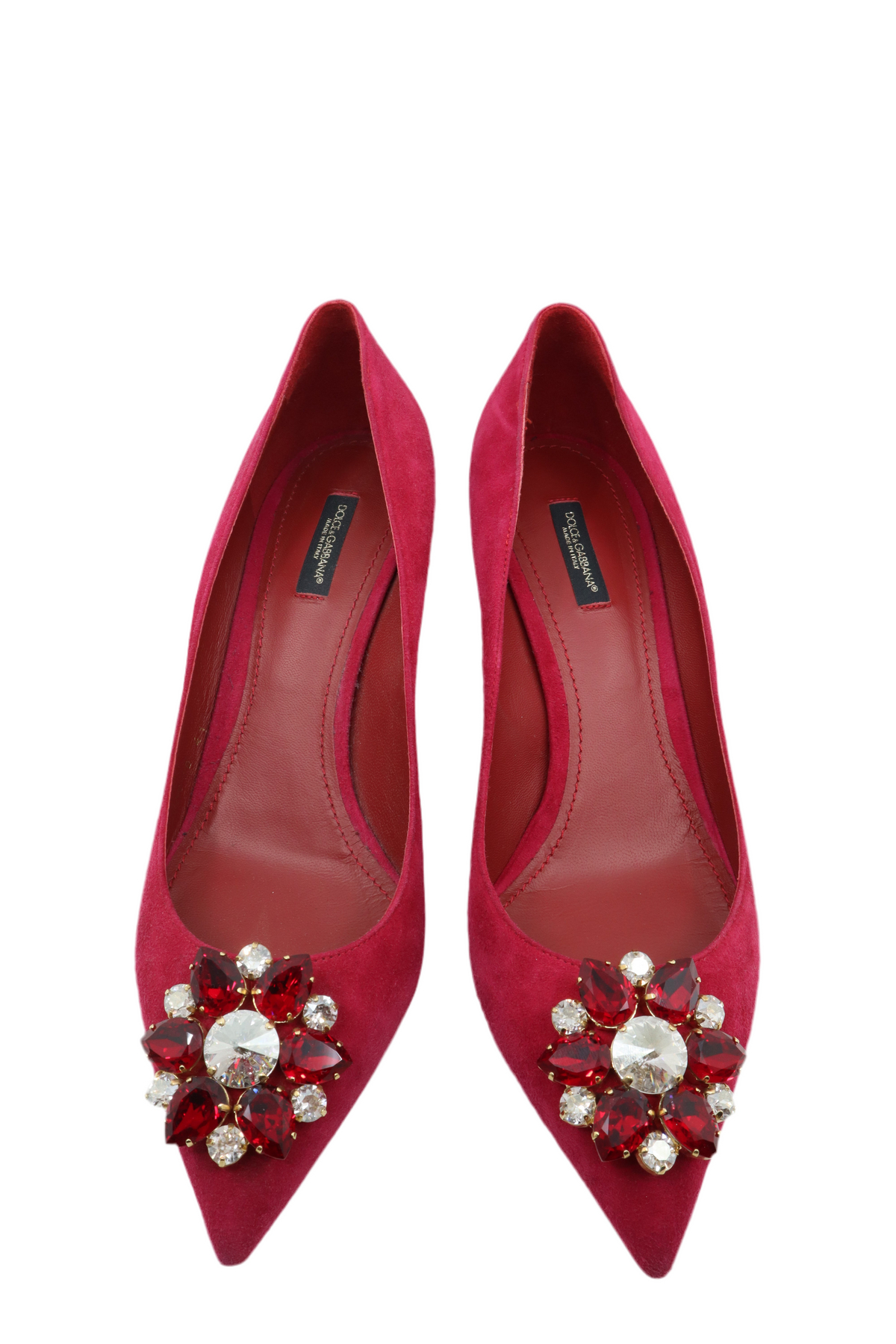 Rote Dolce & Gabbana Pumps mit Schmuckapplikation und Veloursleder-Oberfläche