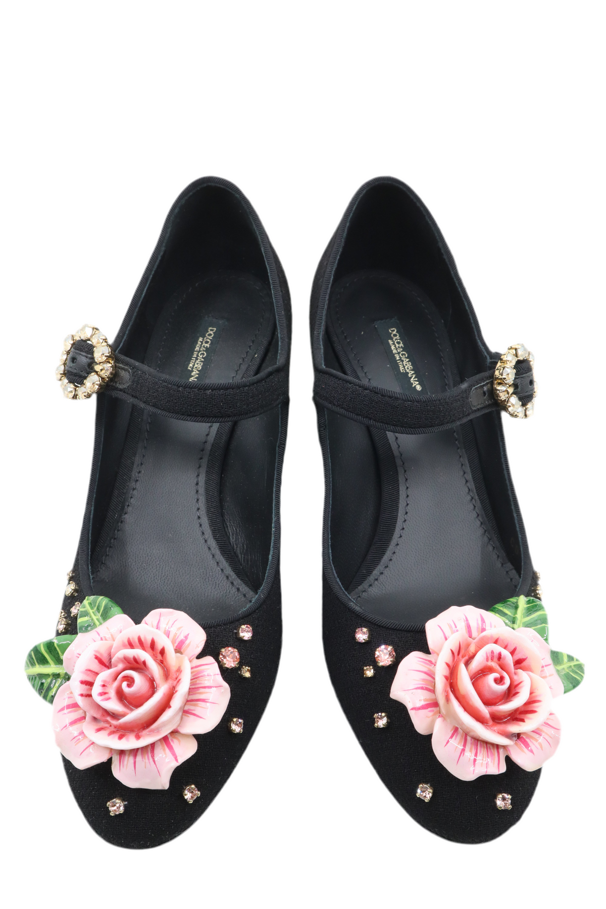 Schwarze Dolce & Gabbana Mary Jane Pumps mit goldfarbenem Blockabsatz und Blütenapplikation