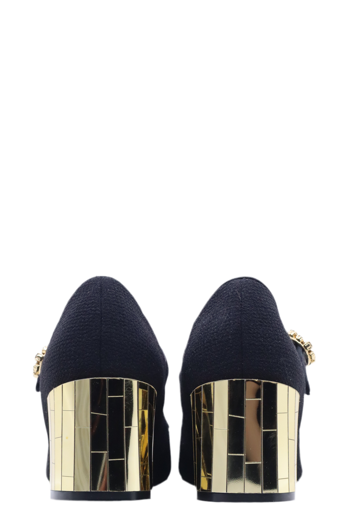 Schwarze Dolce & Gabbana Mary Jane Pumps mit goldfarbenem Blockabsatz und Blütenapplikation