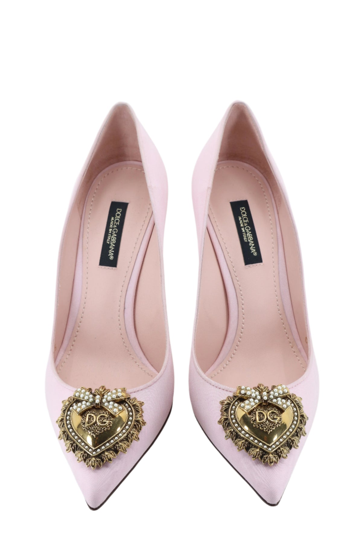 Rosa Dolce & Gabbana Pumps mit goldfarbener Herzapplikation und geschwungenem Absatz