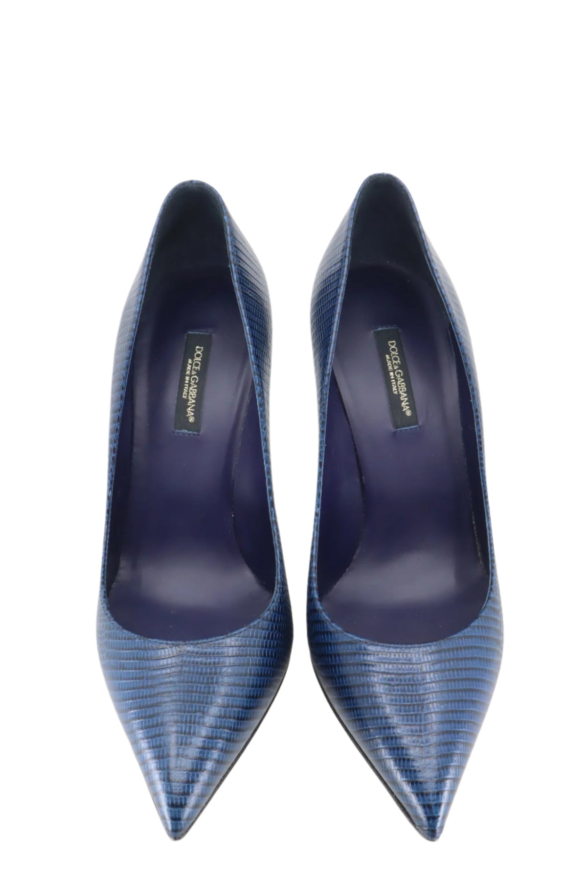 Dunkelblaue Dolce & Gabbana Pumps mit Reptilprägung und spitzer Form Größe 36