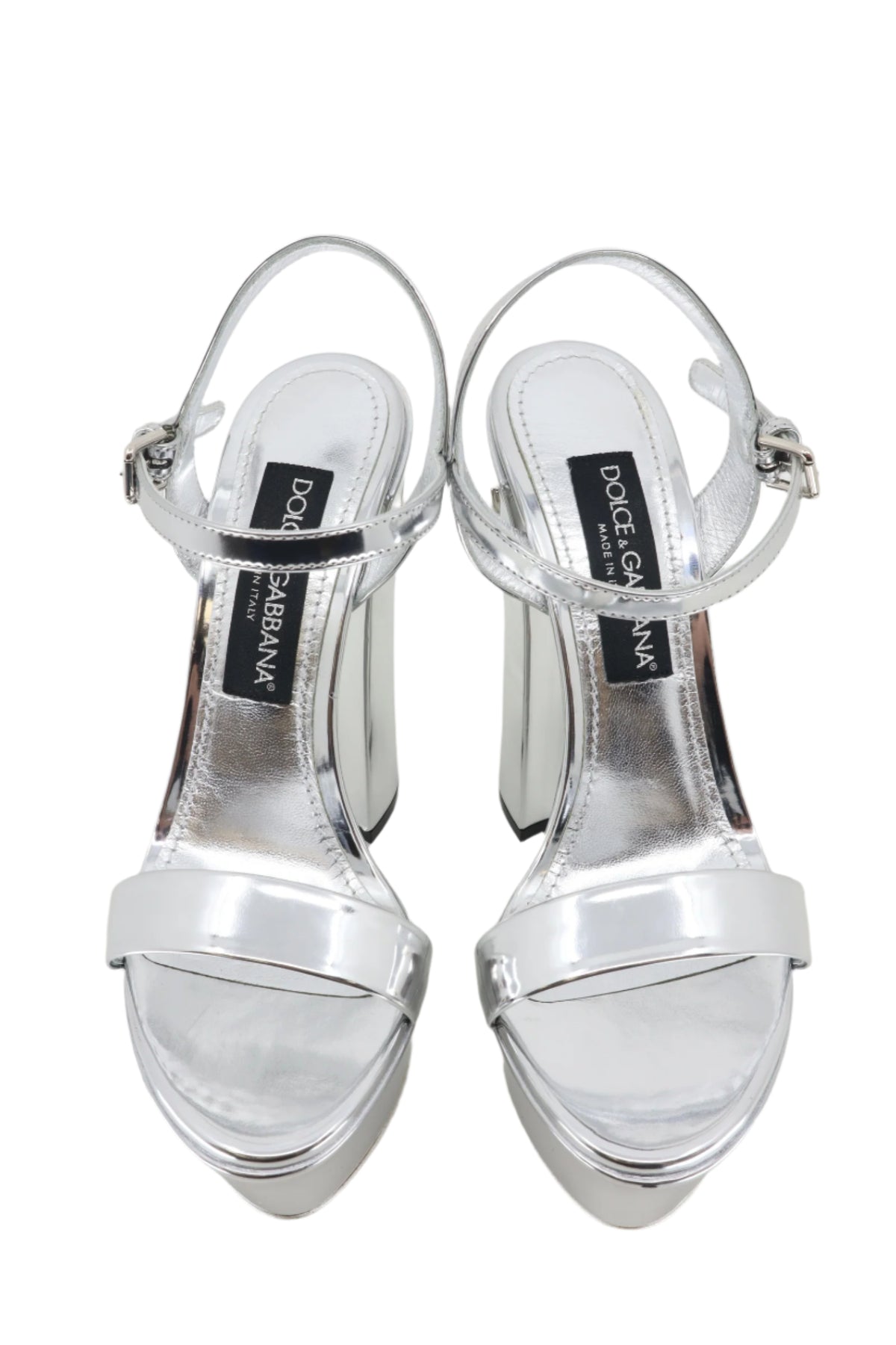 Silberne Dolce & Gabbana Plateausandalen mit Blockabsatz und Metallic-Leder Größe 37