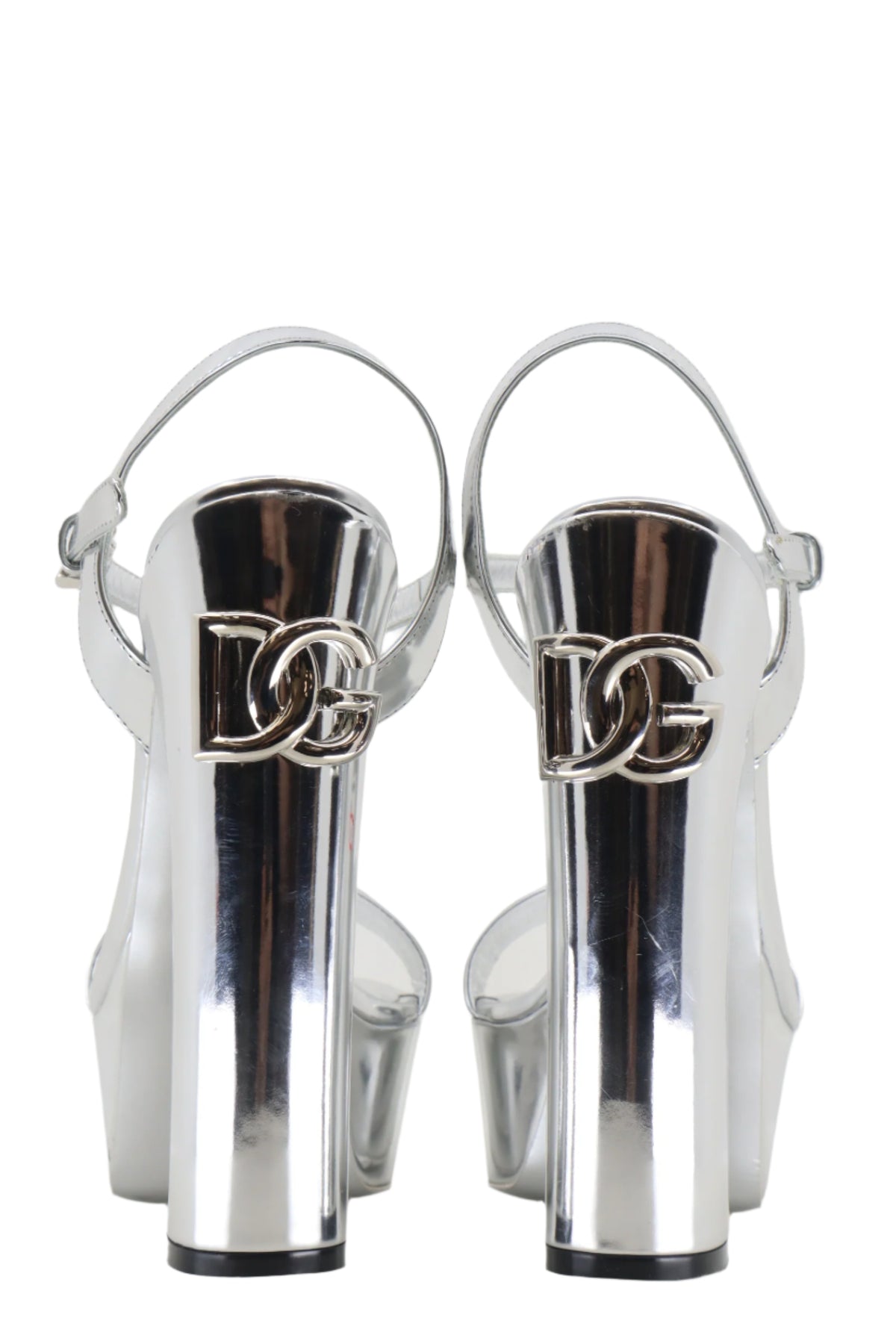 Silberne Dolce & Gabbana Plateausandalen mit Blockabsatz und Metallic-Leder Größe 37