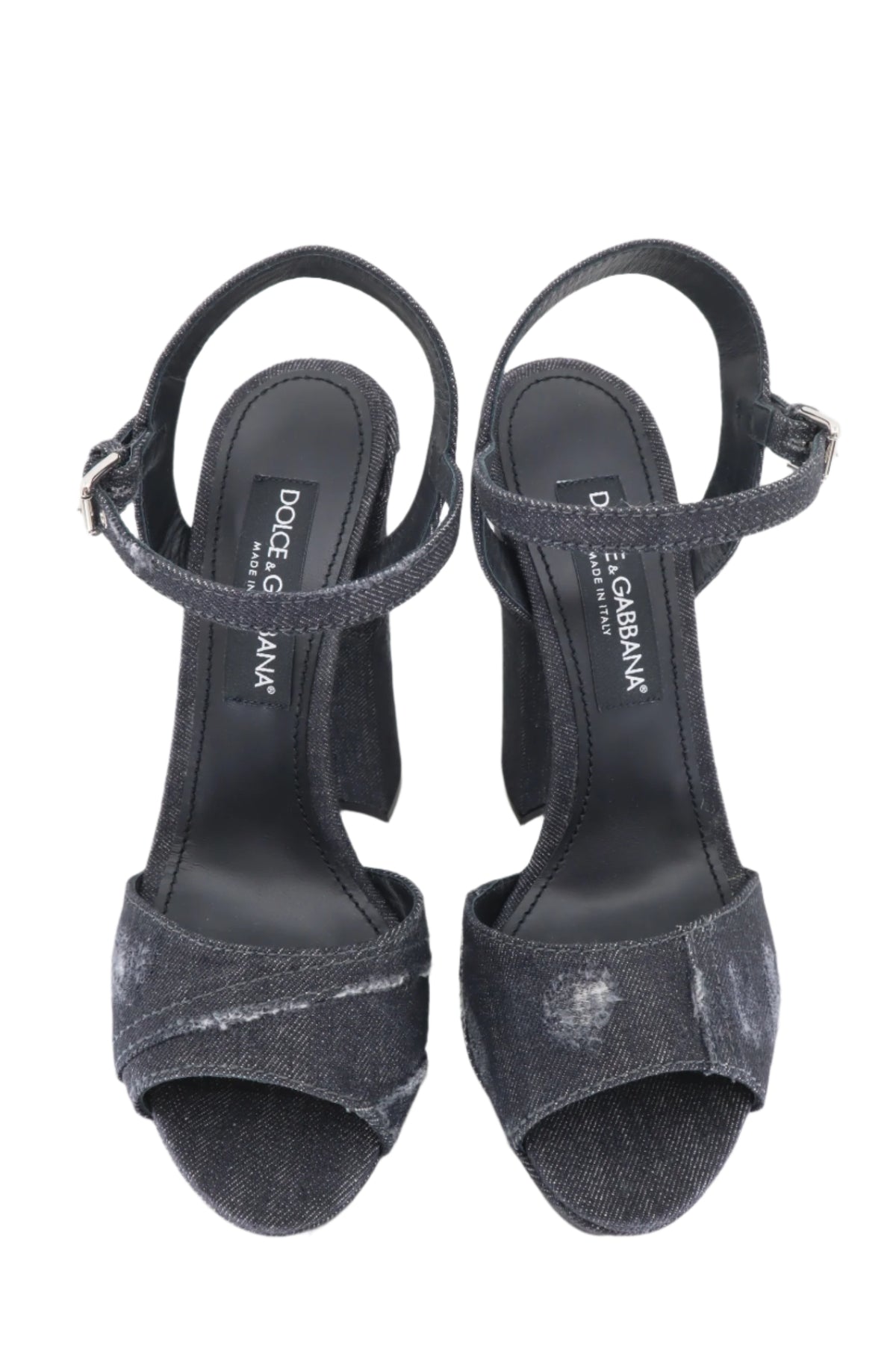 Dolce & Gabbana Plateau Sandalen aus Denim mit Blockabsatz und Metallelementen