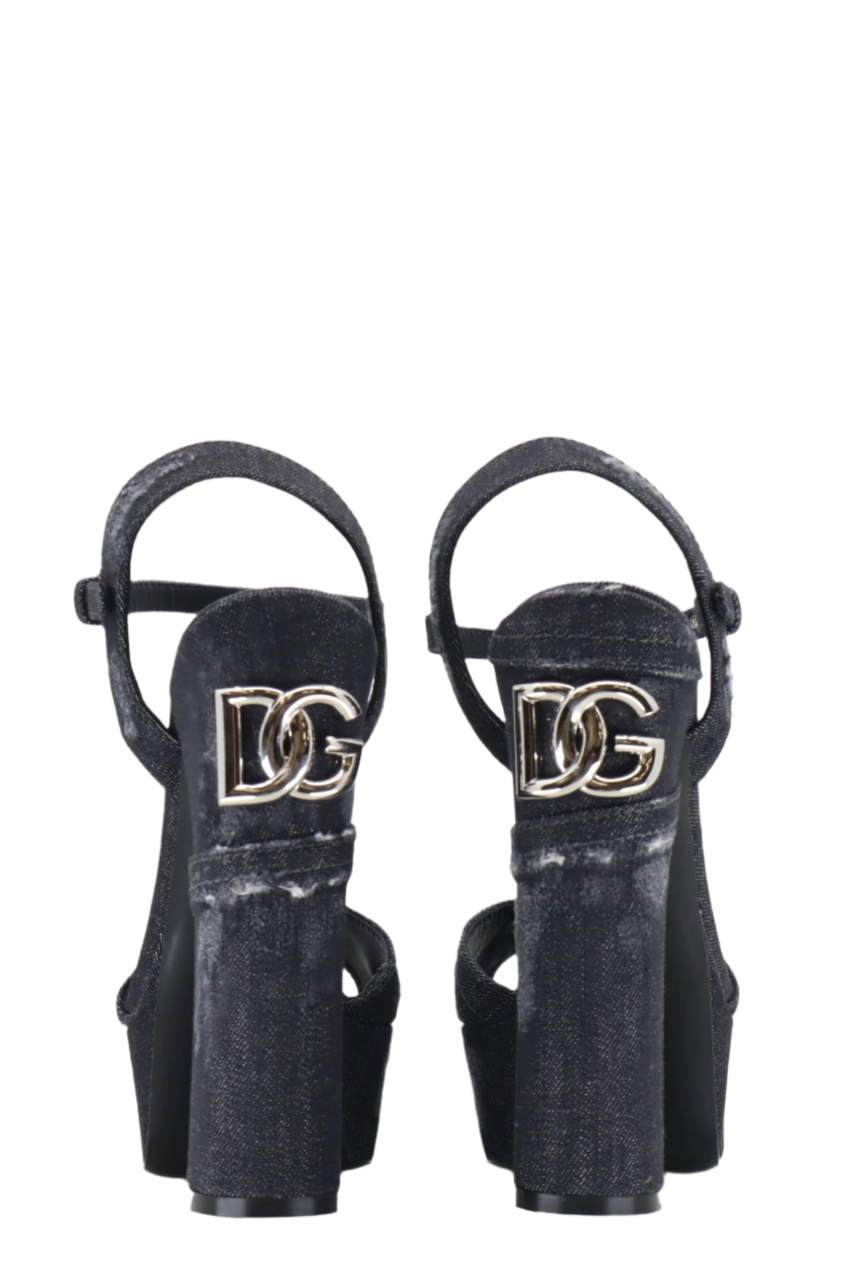 Dolce & Gabbana Plateau Sandalen aus Denim mit Blockabsatz und Metallelementen
