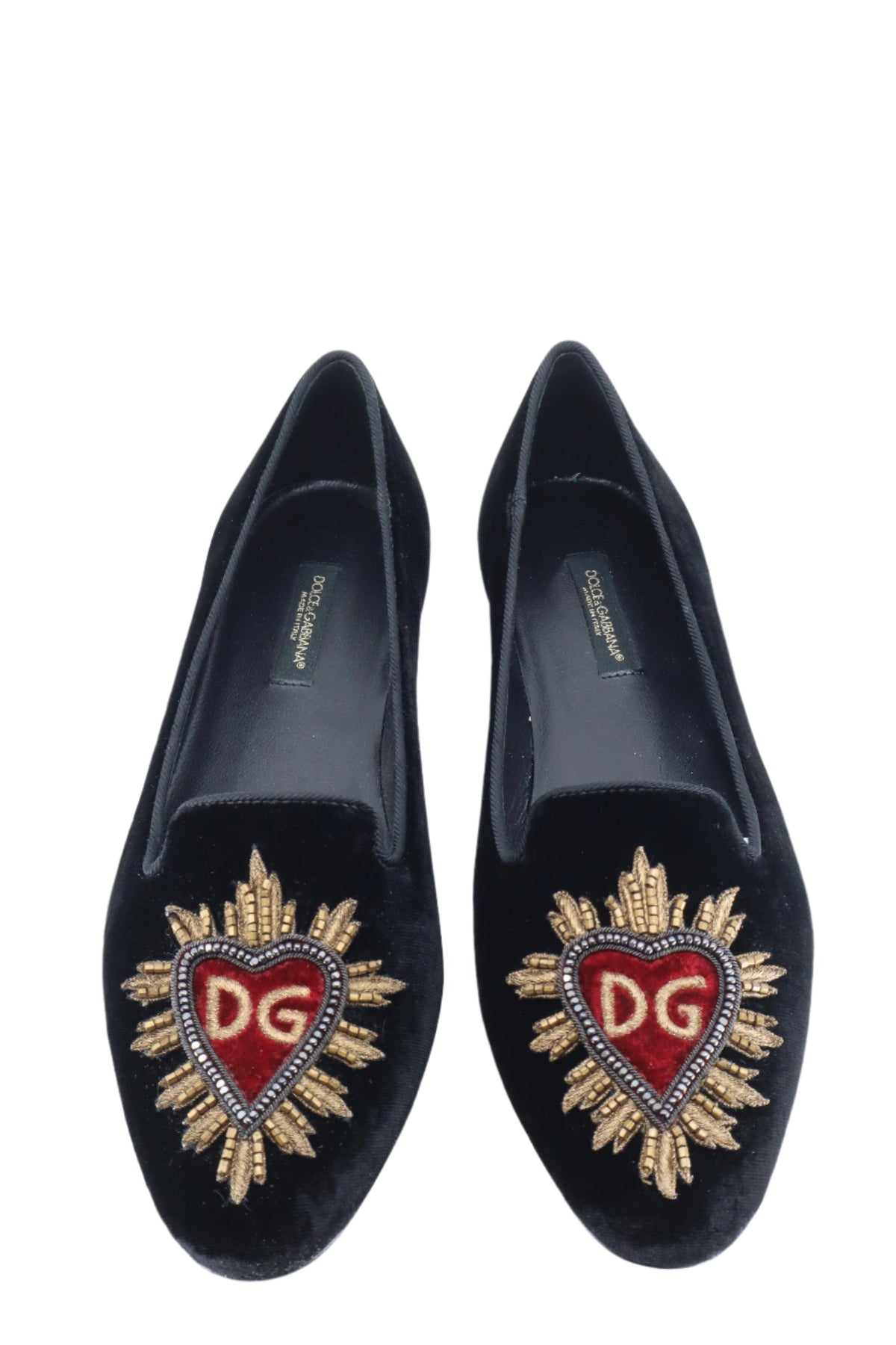 Schwarzer Dolce & Gabbana Loafer aus Samt mit gold-roter Stickerei auf dem Vorderblatt