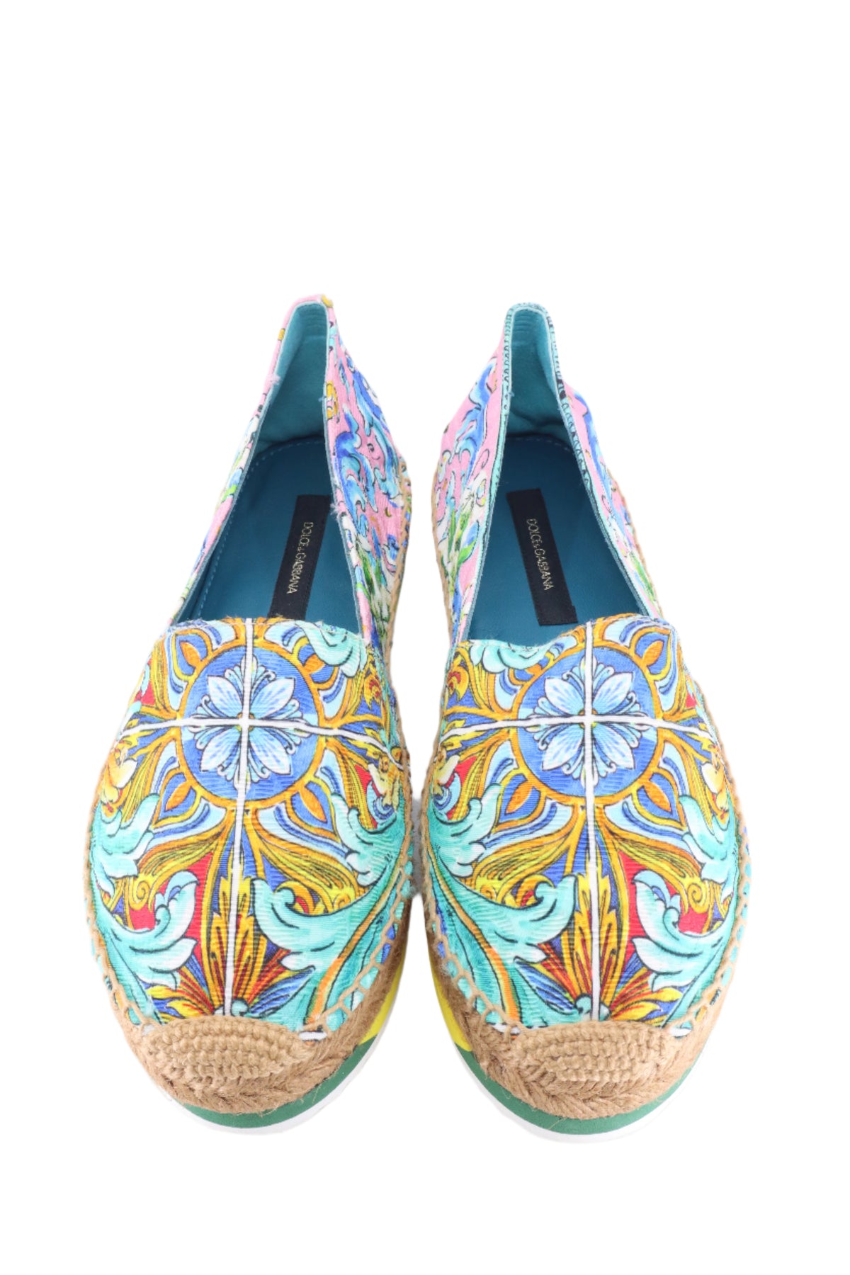 Bunte Dolce & Gabbana Espadrilles mit Majolika-Muster, Bastsohle und farbiger Gummisohle