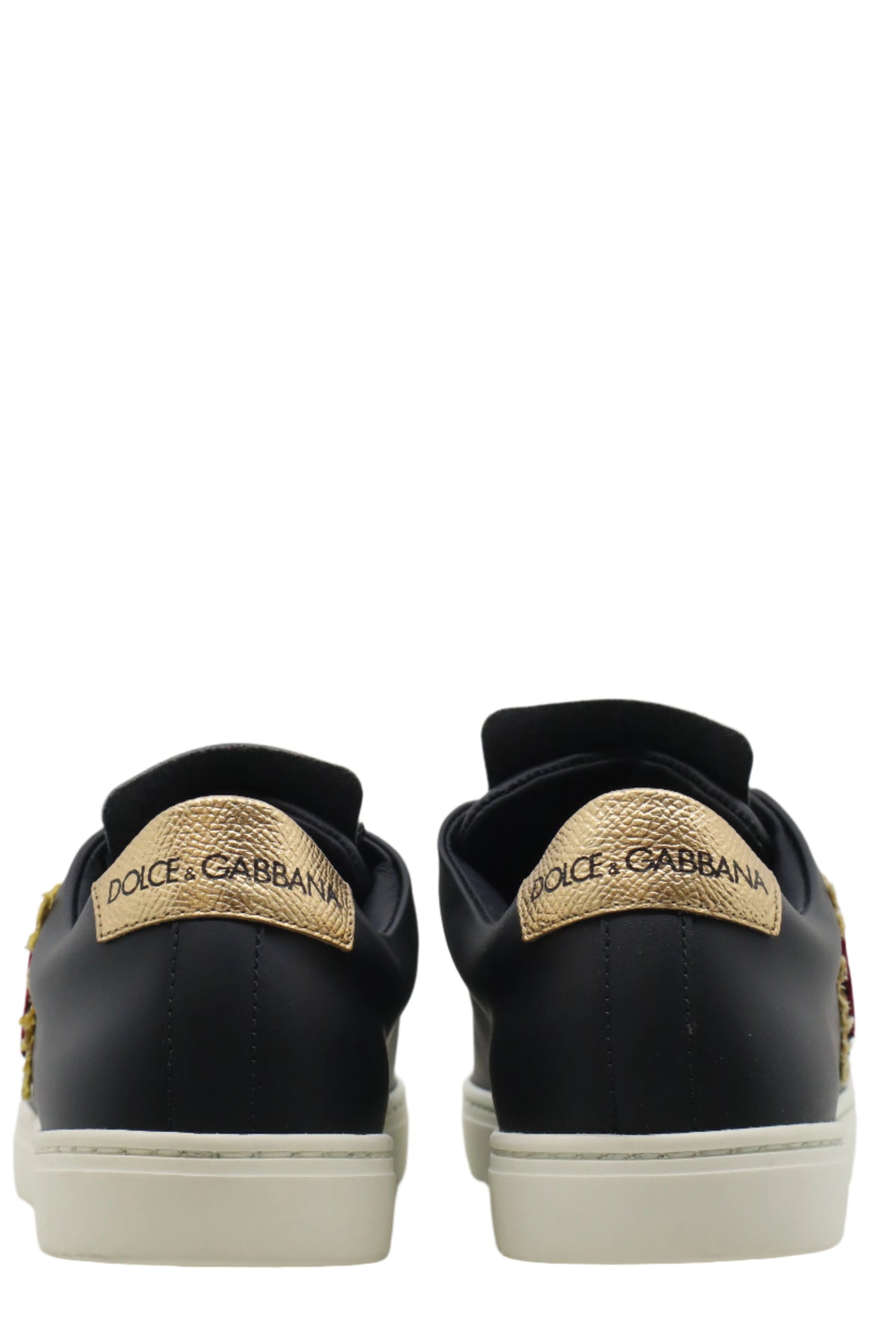 Schwarzer Dolce & Gabbana Sneaker mit Herz-Patch, Goldstickerei und weißer Sohle