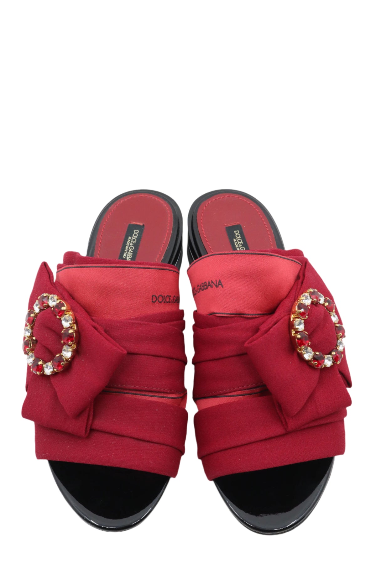 Rote Dolce & Gabbana Mules mit Schleife, Kristall-Schnalle und schwarzem Blockabsatz