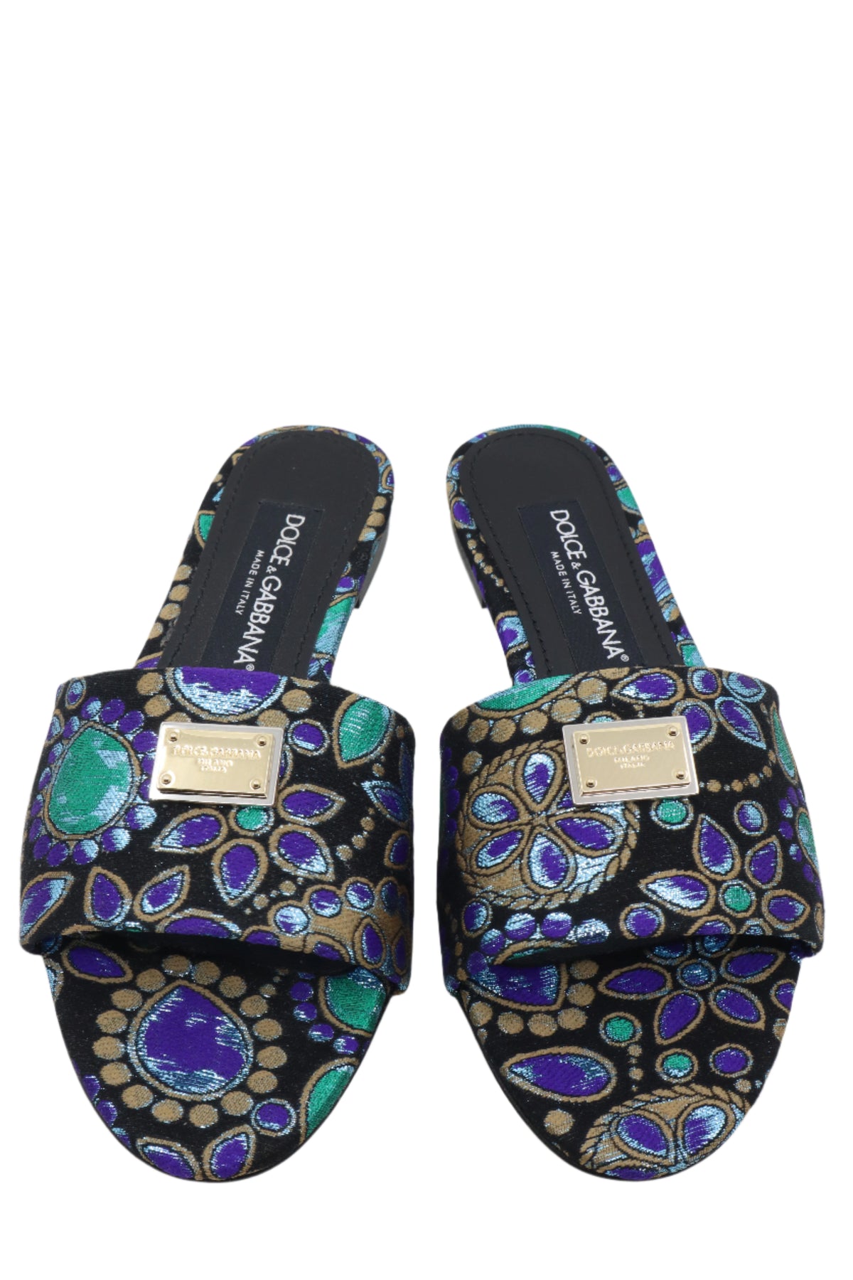 Dolce & Gabbana Sandalen mit Brokatmuster in Türkis und Violett sowie goldener Logo-Applikation