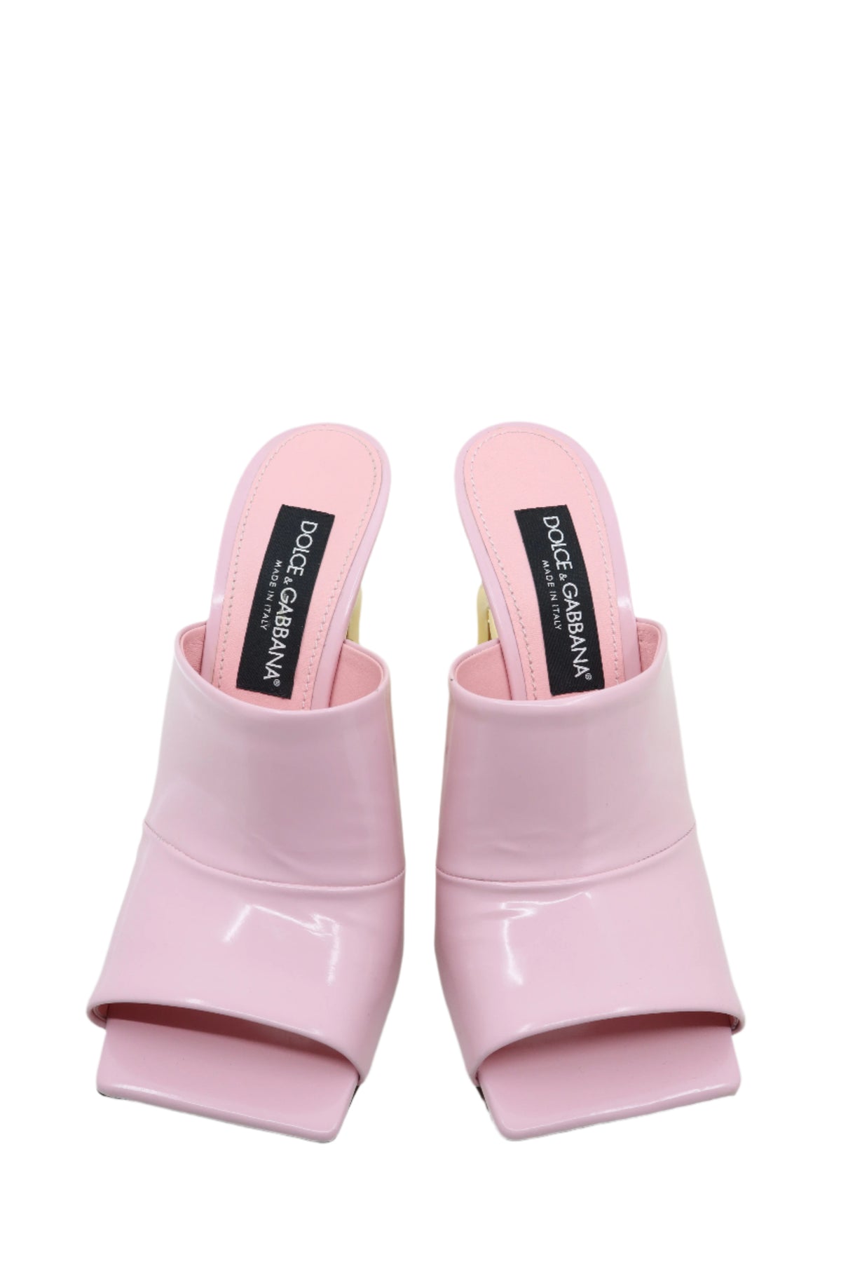 Rosa Dolce & Gabbana Mules mit goldfarbenem Monogramm-Absatz und Lackfinish