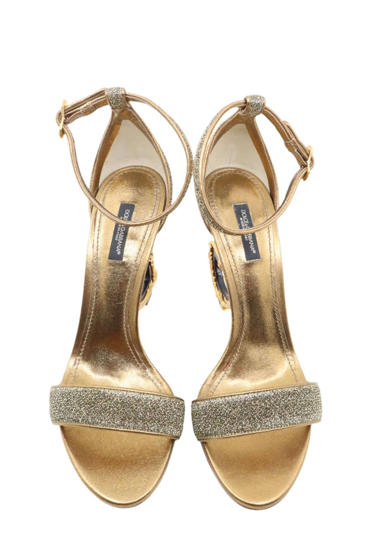 Goldene Dolce & Gabbana Sandalen mit verziertem D-Absatz und Glitzereffekt