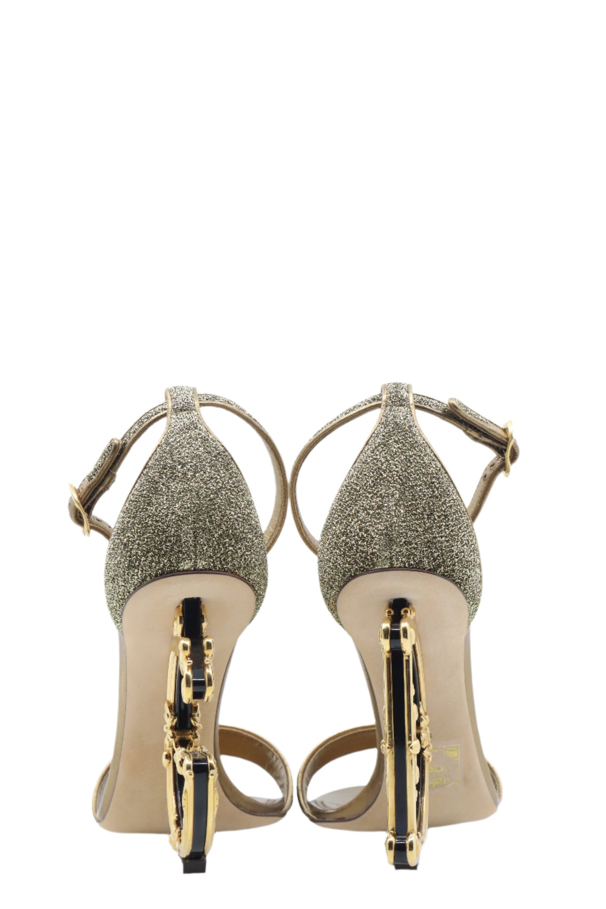 Goldene Dolce & Gabbana Sandalen mit verziertem D-Absatz und Glitzereffekt