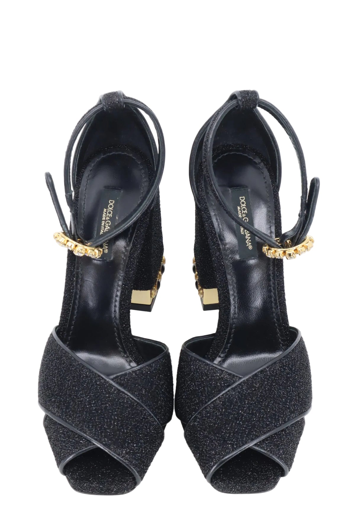 Schwarze Dolce & Gabbana High Heels mit Blockabsatz, Glitzerfinish und goldener Verzierung