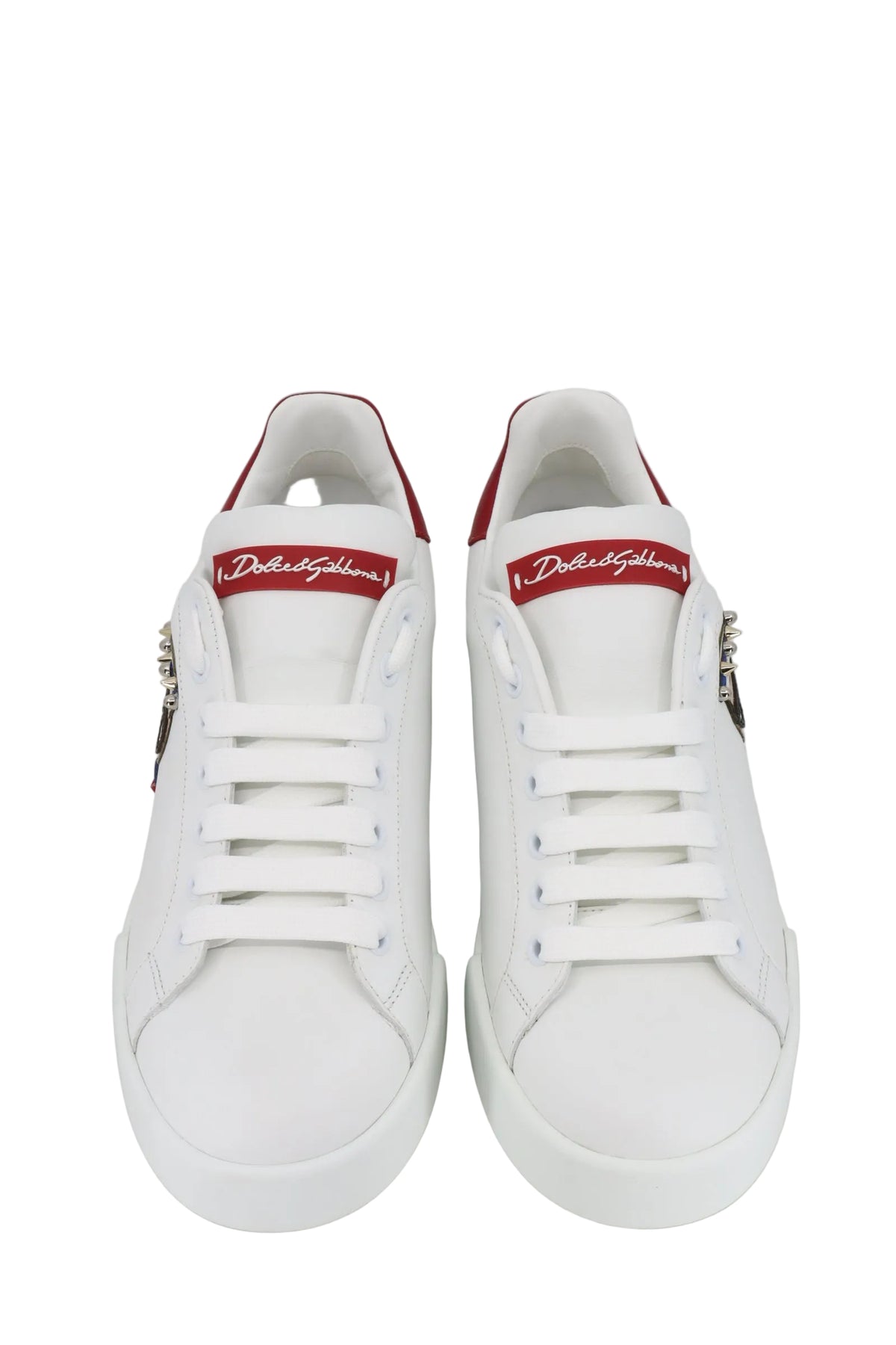 Weißer Dolce & Gabbana Sneaker mit rotem Fersenbereich und Cartoon-Applikation