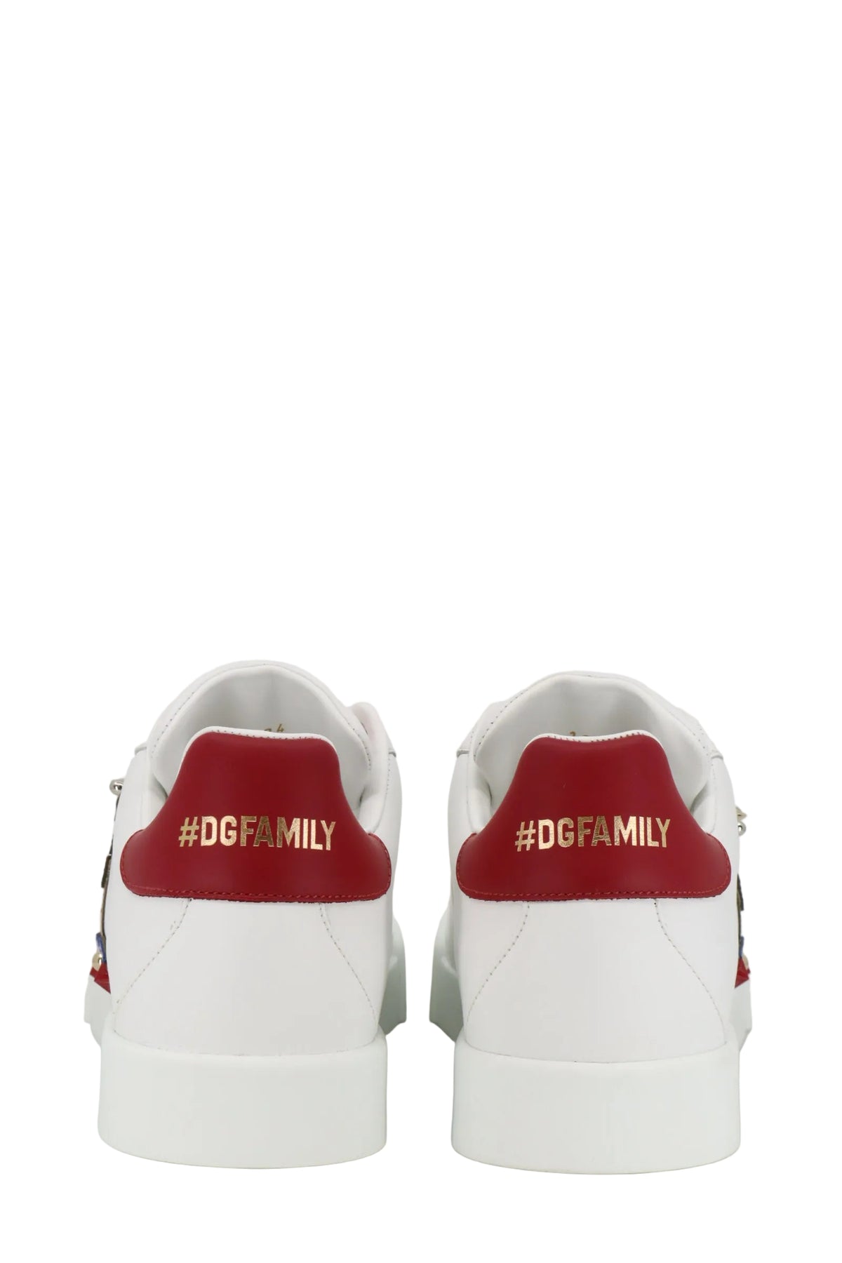 Weißer Dolce & Gabbana Sneaker mit rotem Fersenbereich und Cartoon-Applikation