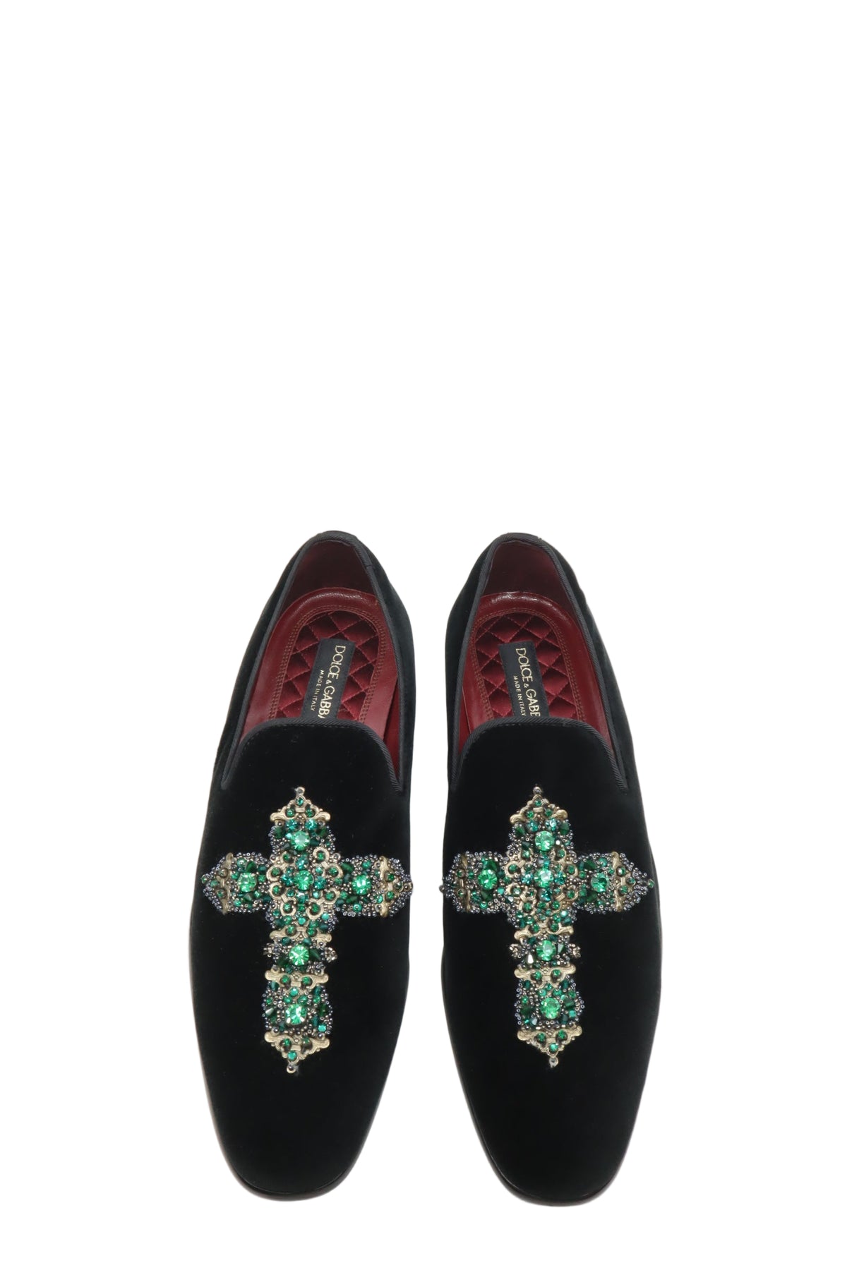 Dolce & Gabbana Herren-Loafer aus schwarzem Samt mit grünem Kristallbesatz Größe 40