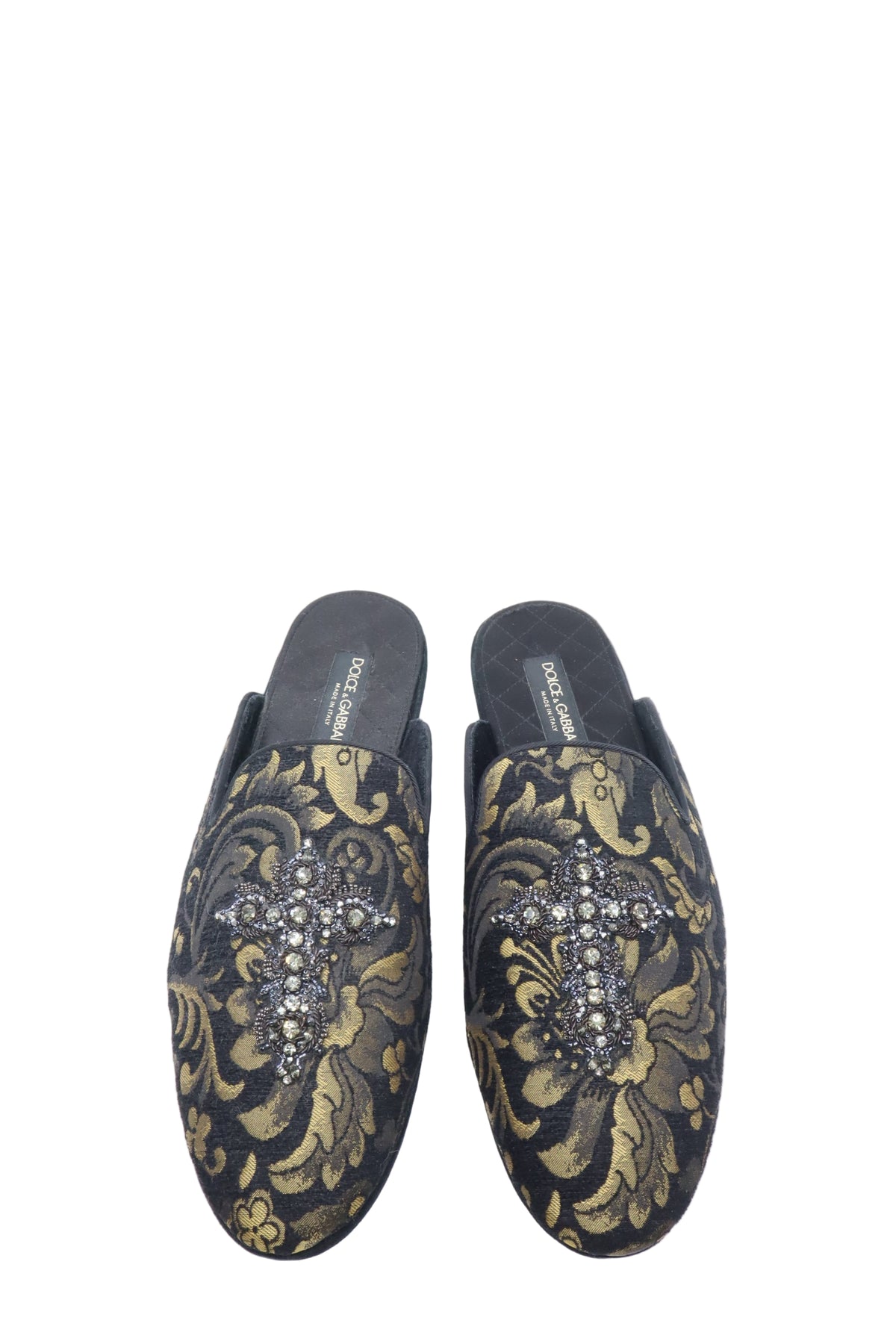 Barocker Luxus-Slipper mit goldener Stickerei und Kristallen – jetzt im Dolce & Gabbana Sale entdecken.